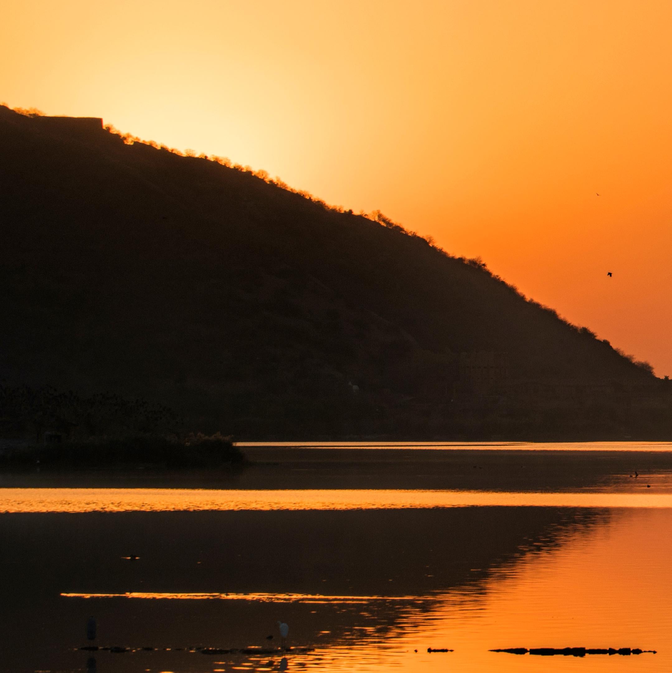 Sonnenuntergang Indien Orange Goldenes Licht See Palast Vogel Natur Tierwelt Foto im Angebot 1