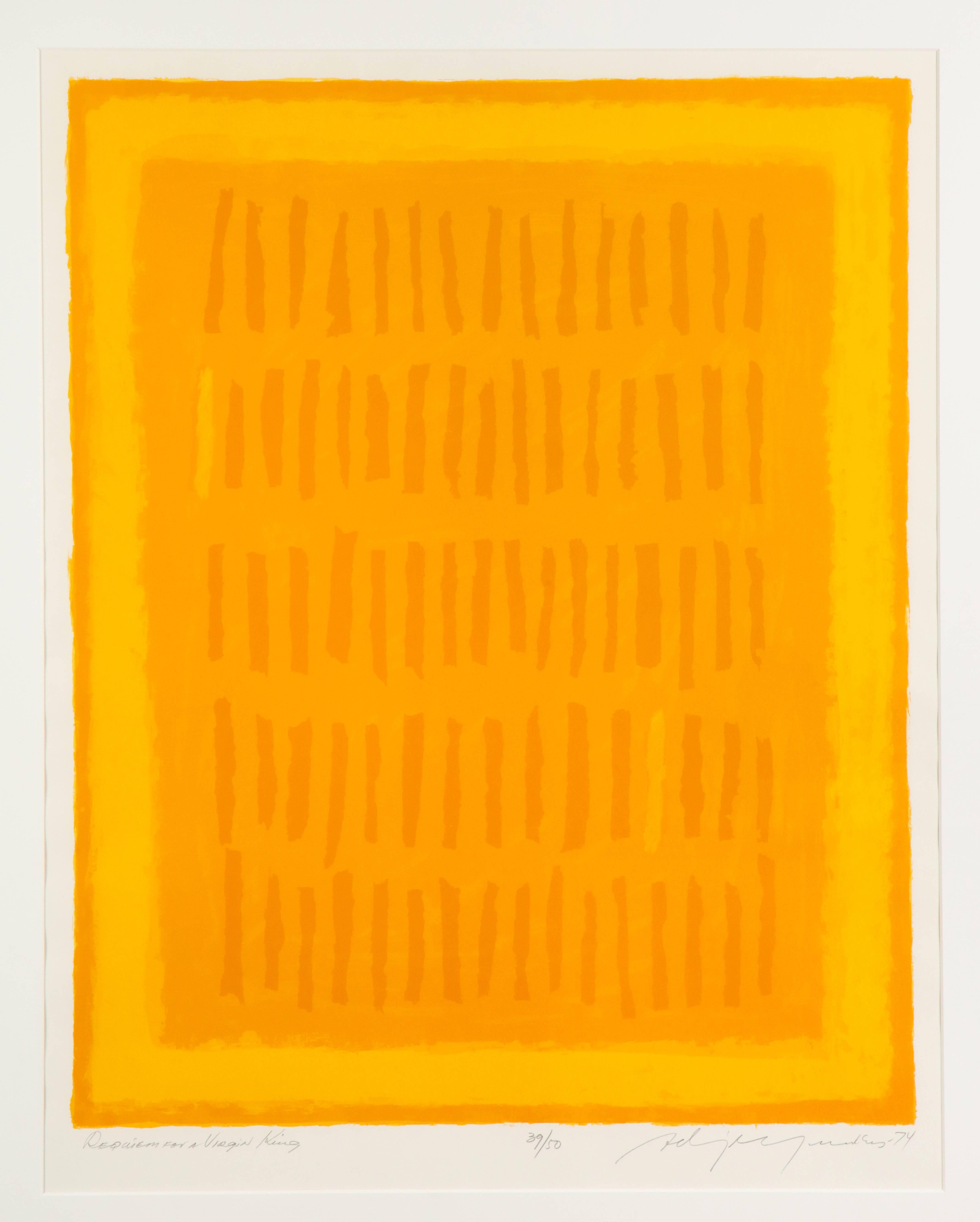 Requiem pour un roi vierge d'Adja Yunkers (1900-1983), lithographie abstraite, jaune, signée. Grande lithographie sur papier vélin. Signé et daté au crayon en bas à droite. Numéroté 39/50 et titré : Requiem pour un roi vierge. La taille de l'image