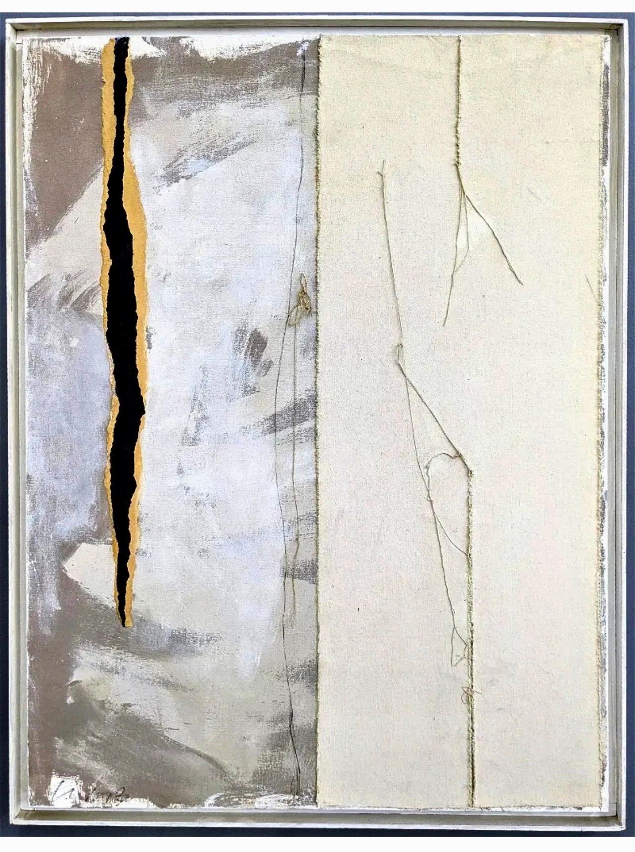 Adja Yunkers, letona/estadounidense, 1900-1983.  
1973
Pintura collage en técnica mixta con hilos aplicados sobre lienzo, 
Titulado "Collage nº 67".  
Con las iniciales "A. Y." y fechado "'73" abajo a la izquierda, además firmado a mano por "Adja