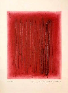 Grande gravure à l'eau-forte en taille-douce rouge d'un artiste moderniste lituanien-américain abstrait en train d'embosser