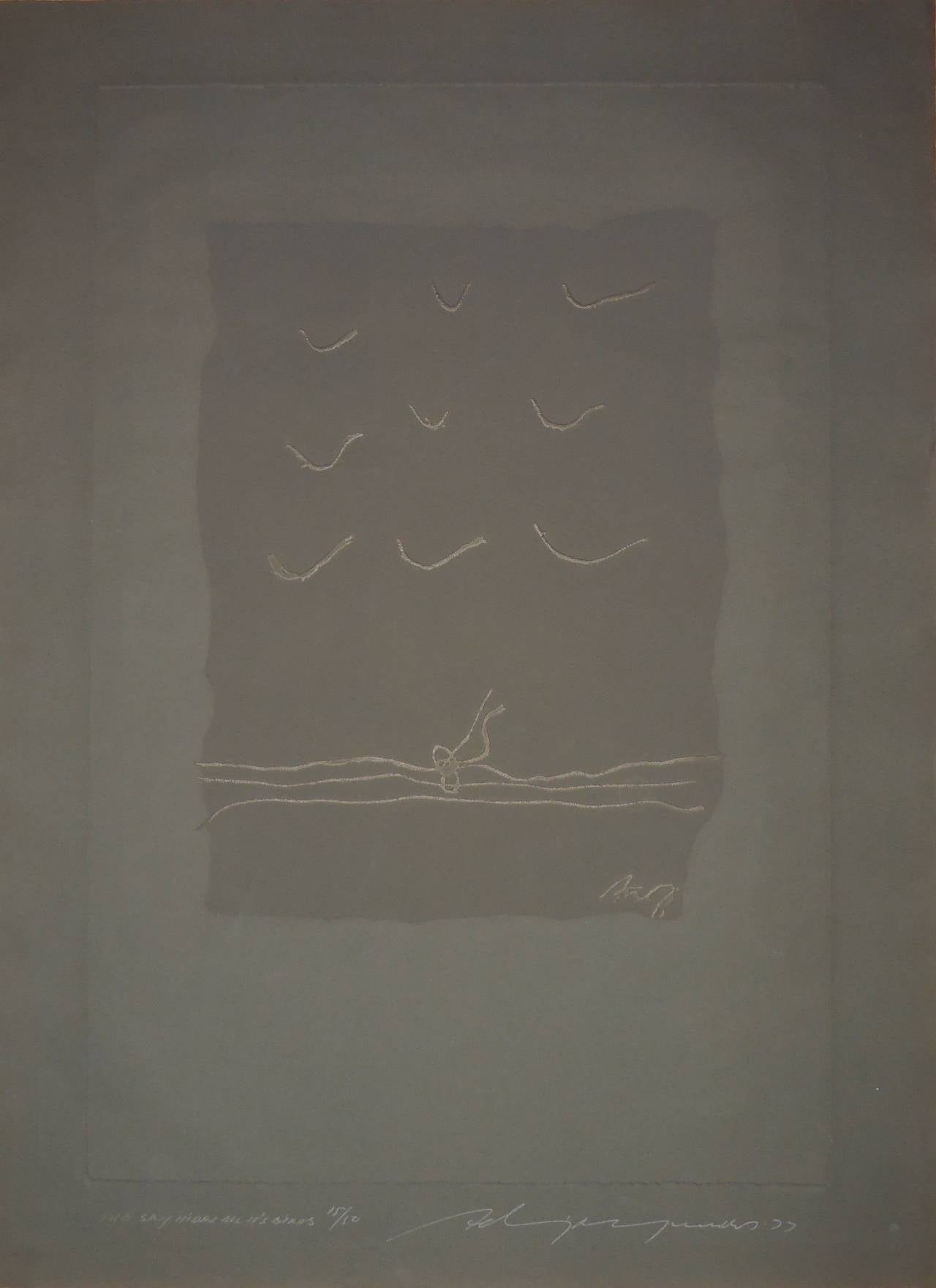 Latvian Modernist 'The Sky Hides All It's Birds' Intaglio Etching Embossing