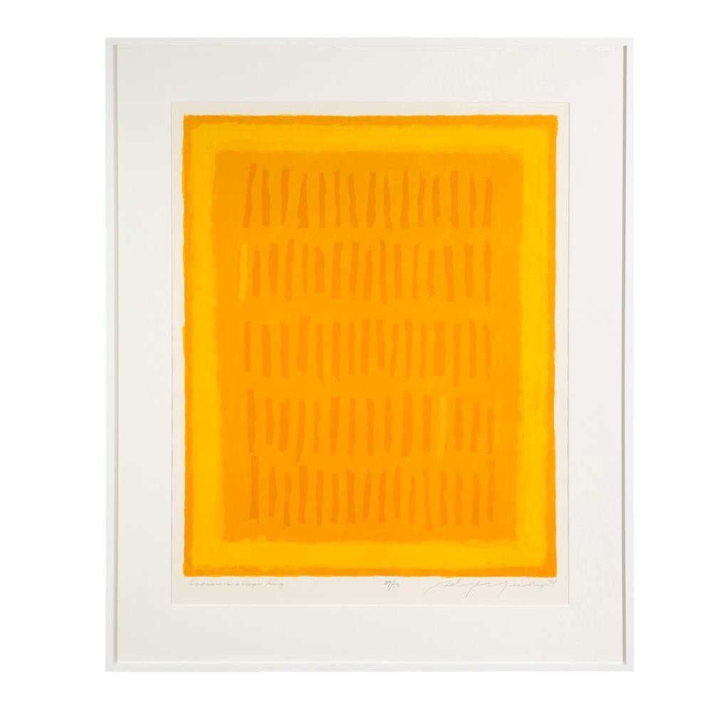 Adja Yunkers "Requiem for a Virgin King" Lithograph Abstract Yellow Signed. Signed and dated in pencil in lower right. Numbered 39/50 and titled: Requiem for a Virgin King. Image size measures 46 x 35. Framed size 54.5 inches x 45 inches.
Archivally