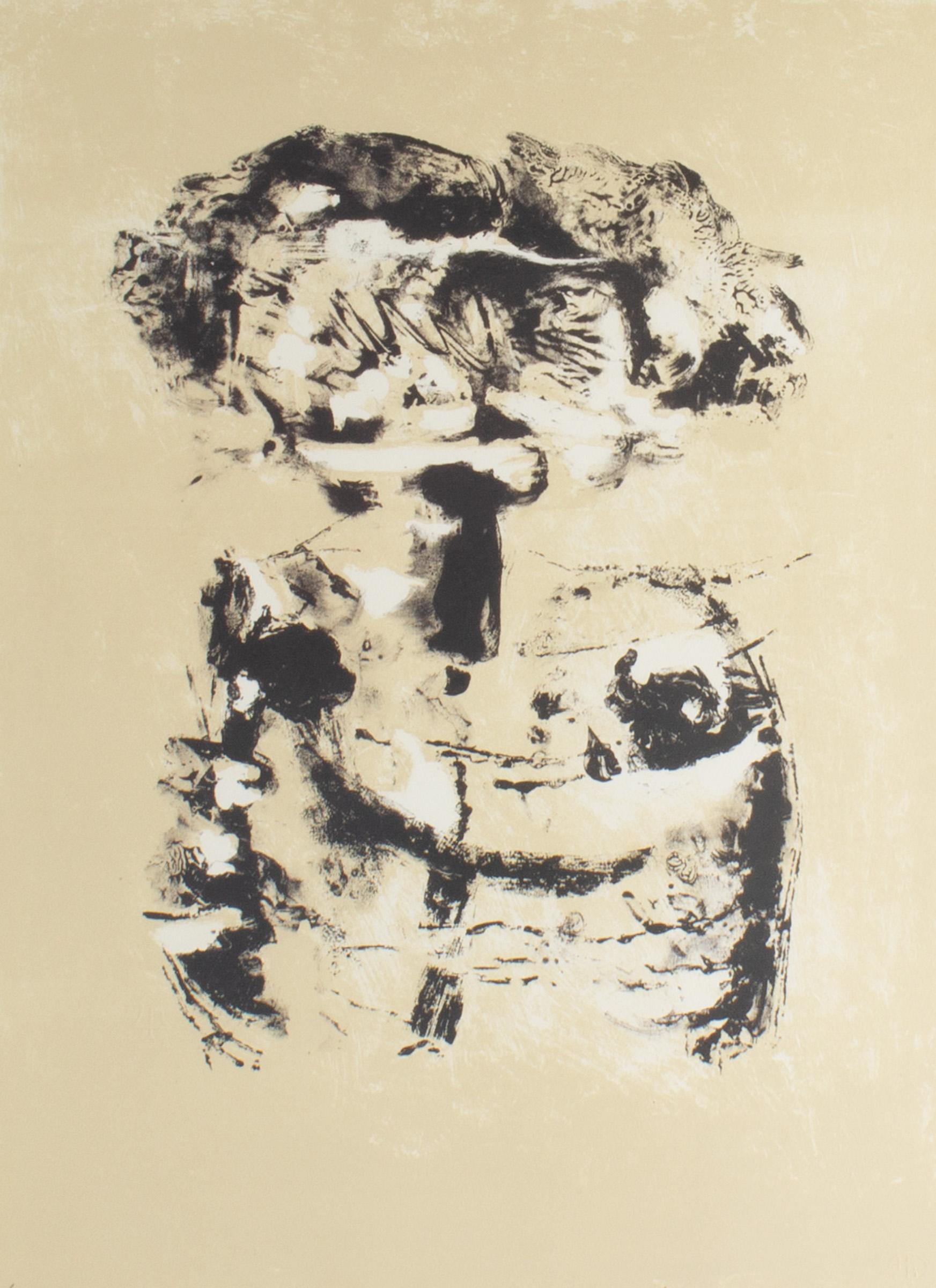 Eine Lithografie des russisch-amerikanischen Künstlers Adja Yunkers (1900-1983) aus den 1960er Jahren mit dem Titel Salt IV in limitierter Auflage. Dieses abstrakte Werk zeigt eine schwarz-weiße Form vor einem hellbraunen Hintergrund. Der Druck ist