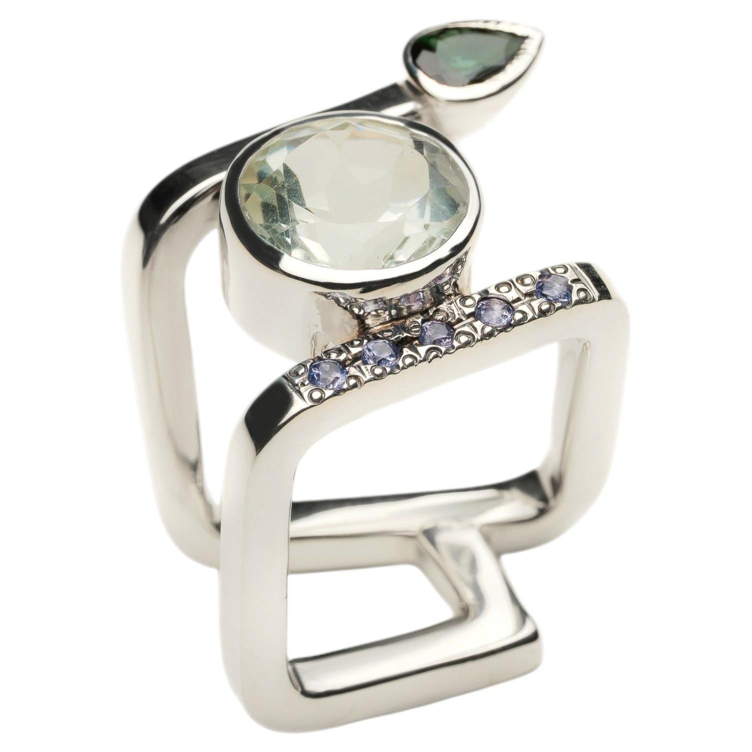 Adjacent Ring in Sterling Silver 925 with Amethyst and Tourmaline by SAKRA