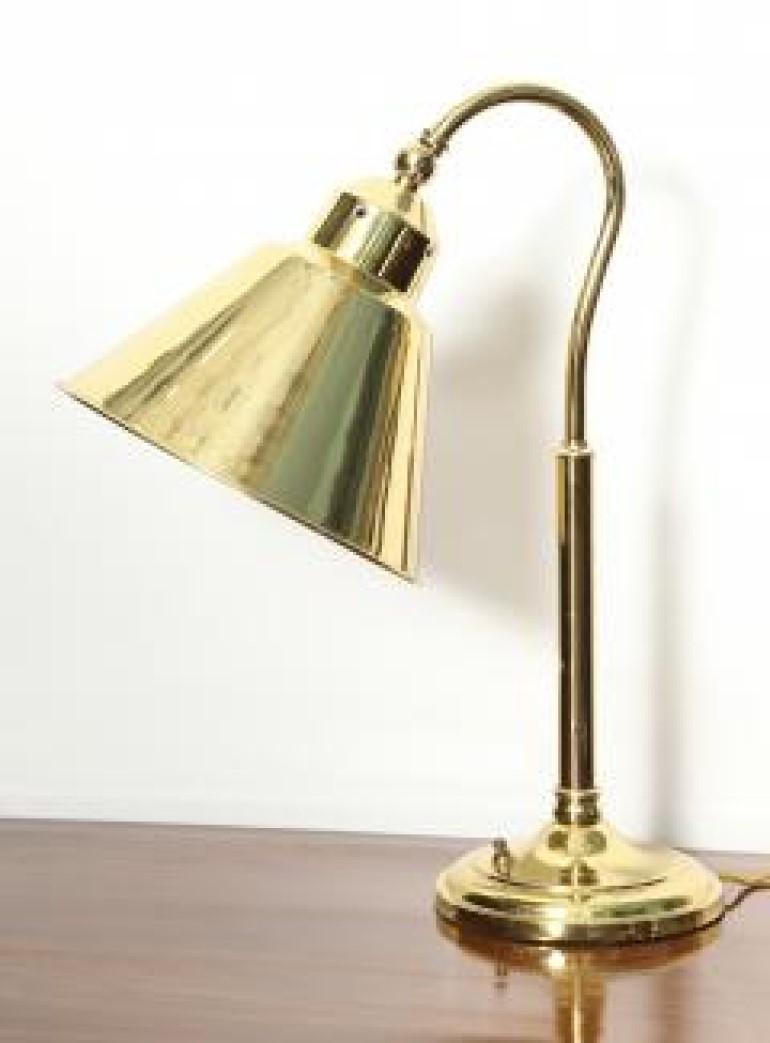 Newly polished, brass finish and wide articulating shade with white enamel interior. Multiples available.