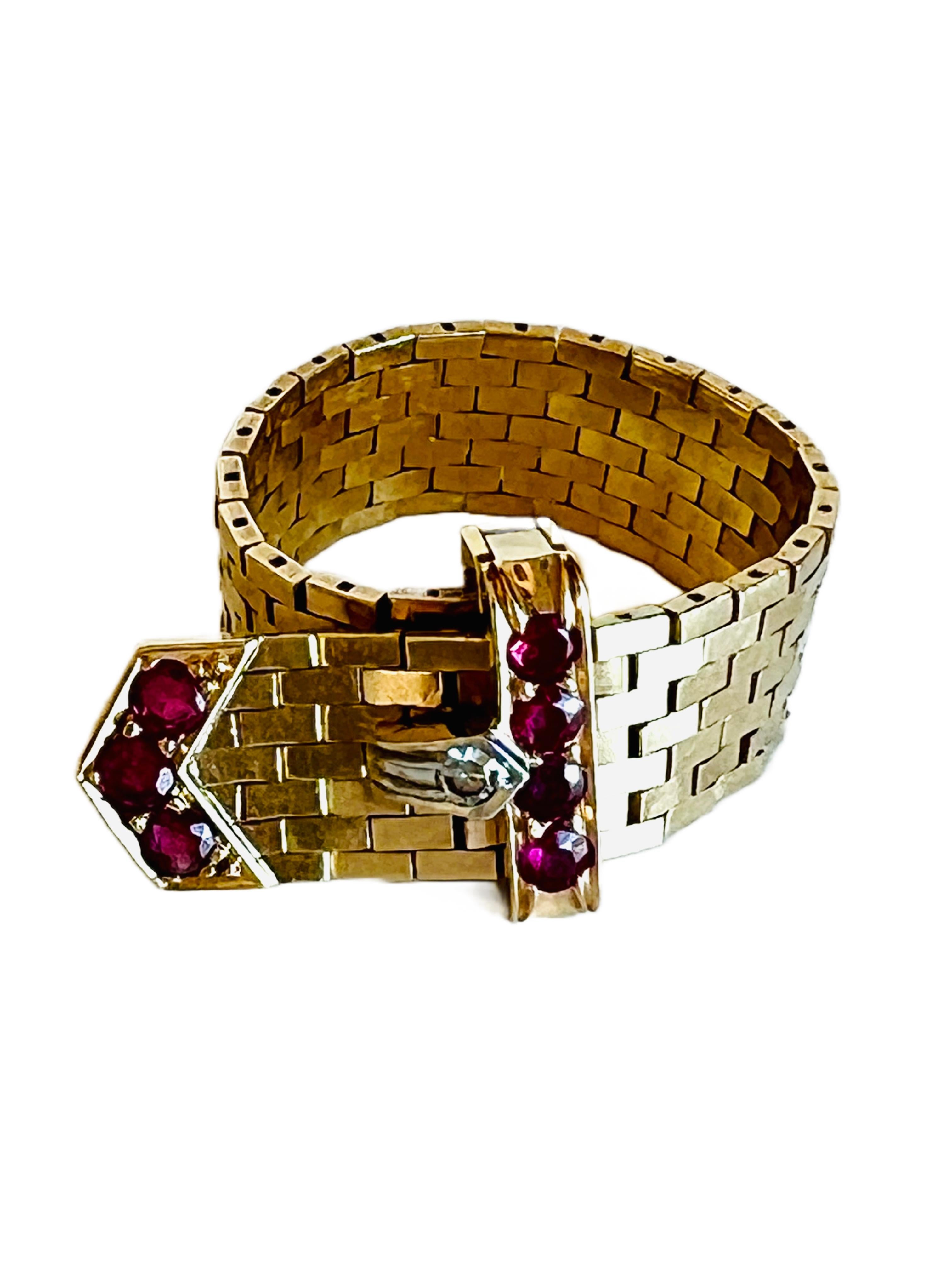Stylish 1940's retro 14k gold, platinum, diamond and ruby mesh buckle ring.

The folding buckle is set with four round rubies and a small diamond in platinum. The tip of the ring is set with three additional round rubies. 6 of the 7 rubies are