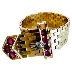 Adjustable 1940s Retro 14k Gold Platinum Mesh Flexible Belt Buckle Ring