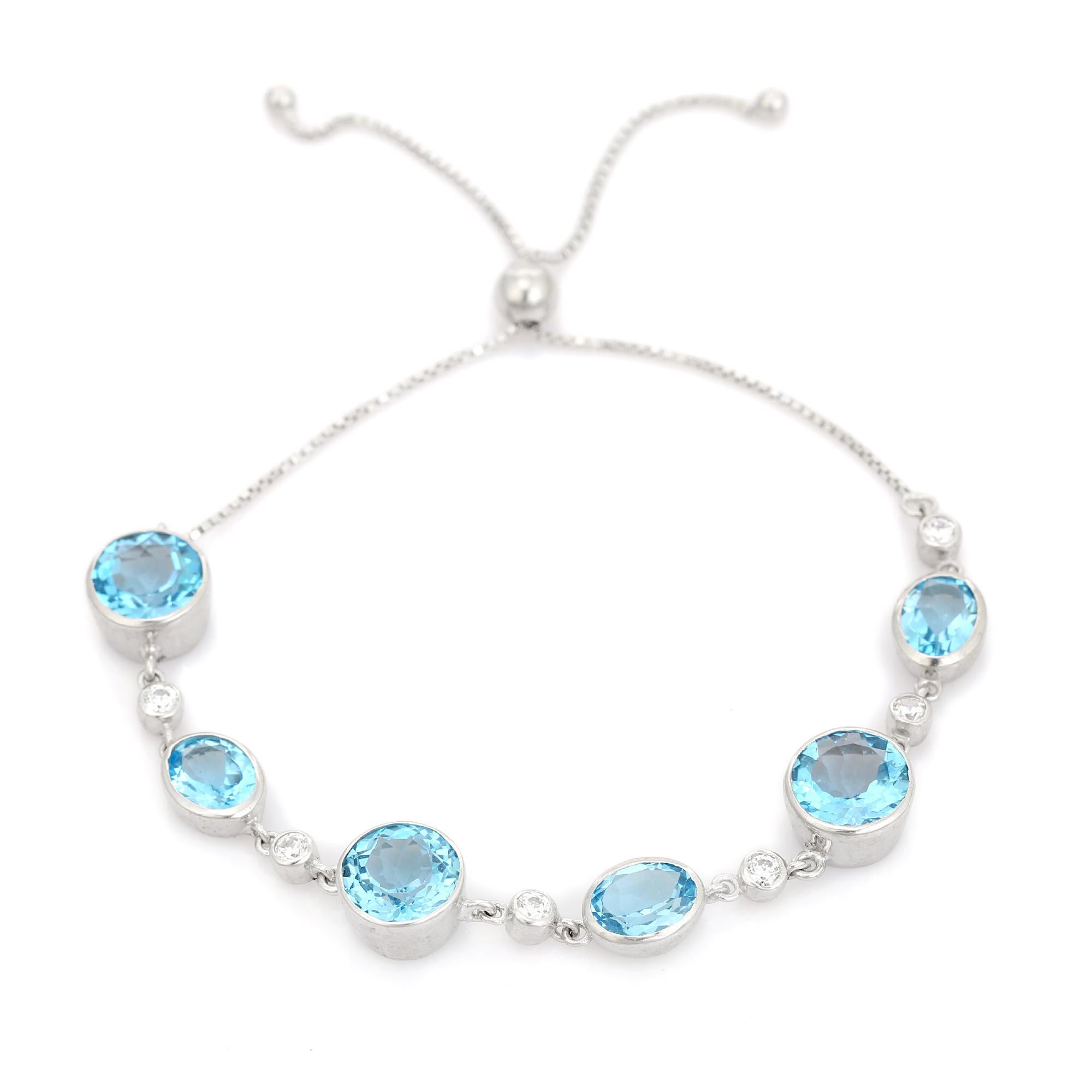Adjustable 925 Silver Bolo Bracelet with Faceted Blue Topaz and White CZ Stones For Sale 1