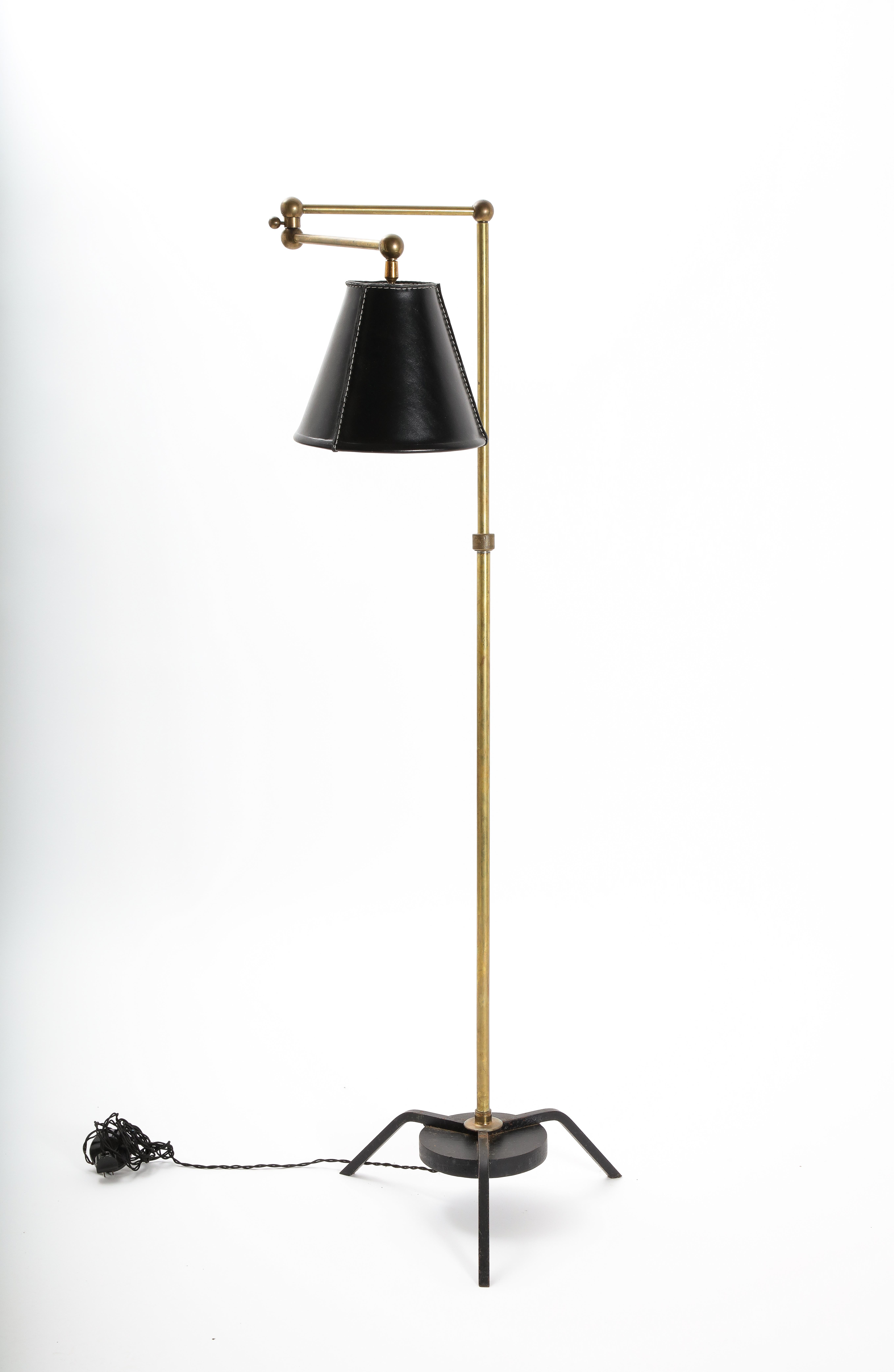 Mid-Century Modern Adjustable Adnet Style Reading Lamp with Leather Lampshade, France 1950's For Sale