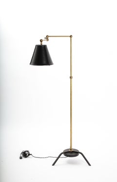 Adjustable Adnet Style Reading Lamp with Leather Lampshade, France 1950's
