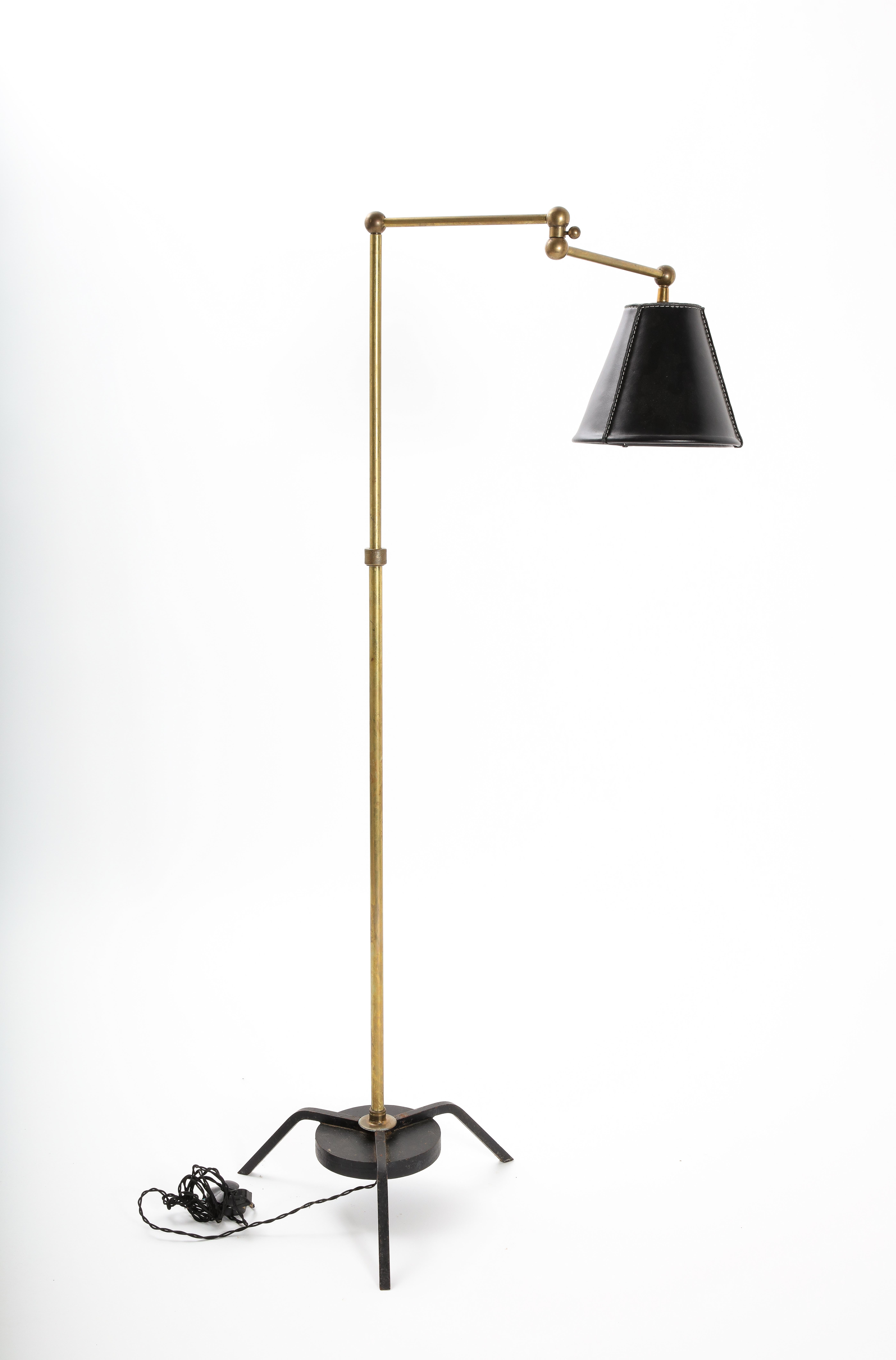 French Adjustable Adnet Style Reading Lamp with Leather Lampshade, France 1950's For Sale