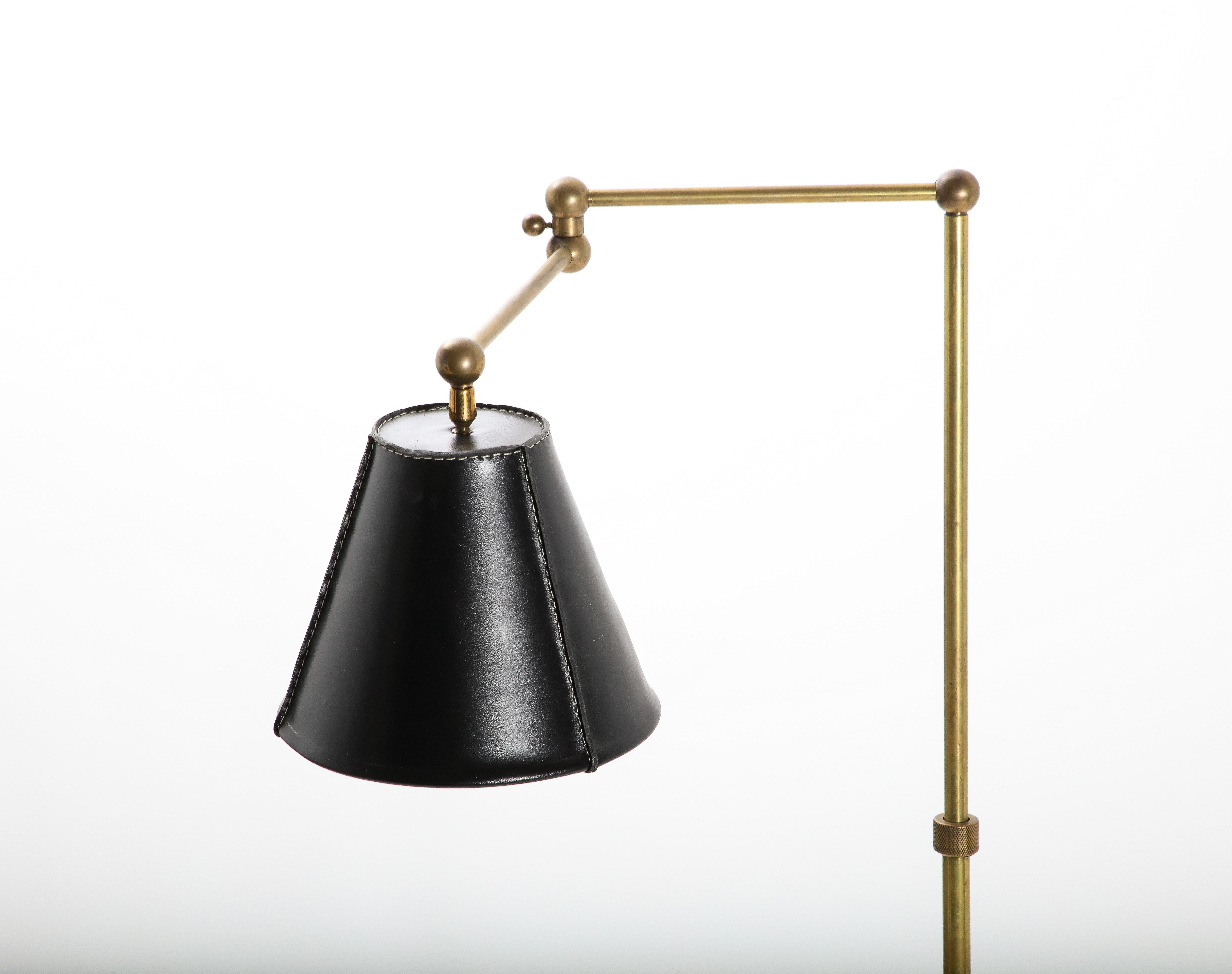 Adjustable Adnet Style Reading Lamp with Leather Lampshade, France 1950's In Good Condition For Sale In New York, NY