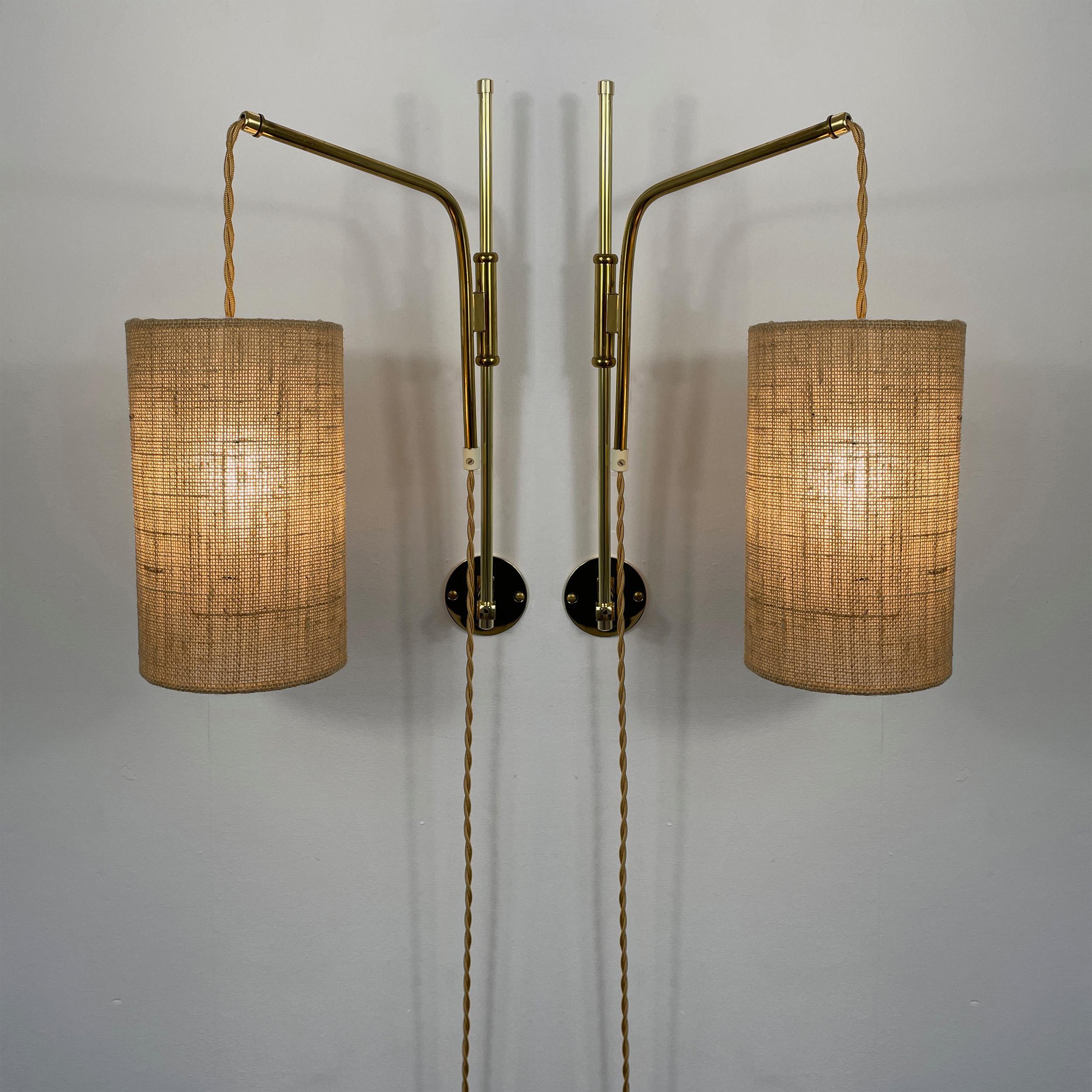 Mid-Century Modern Adjustable and Articulating Brass and Jute Pole Wall Lights, Austria 1950s