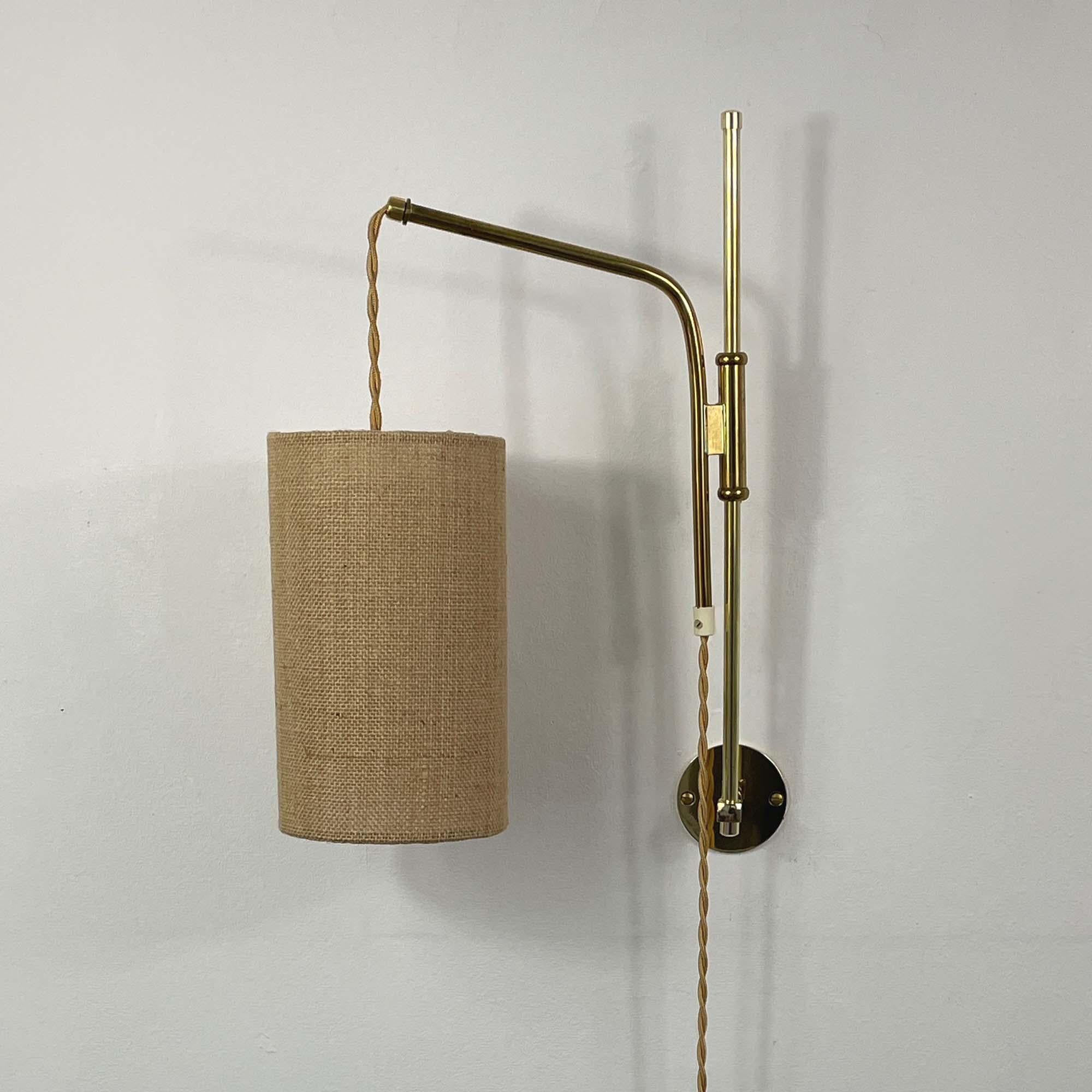 Austrian Adjustable and Articulating Brass and Jute Pole Wall Lights, Austria 1950s