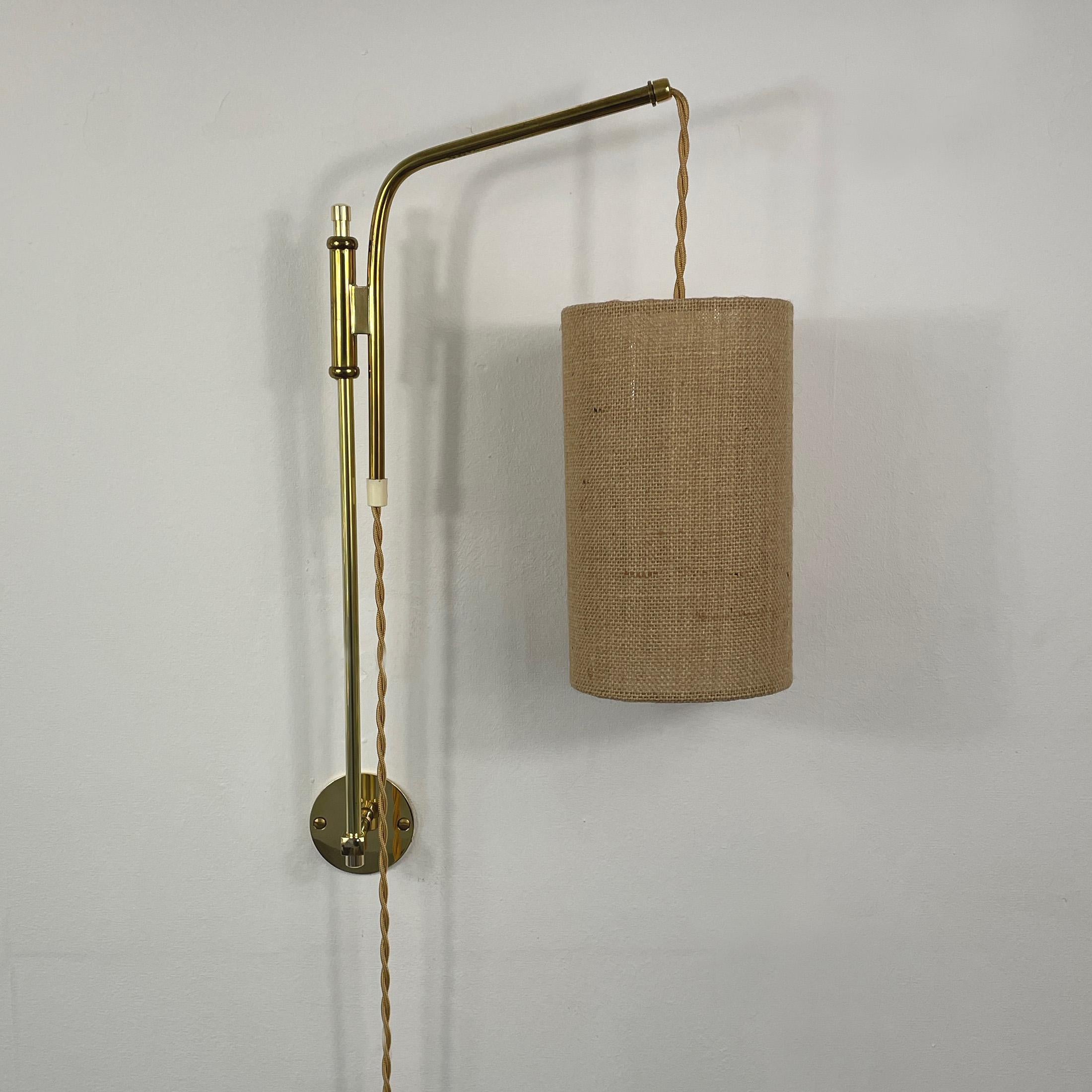 Mid-20th Century Adjustable and Articulating Brass and Jute Pole Wall Lights, Austria 1950s