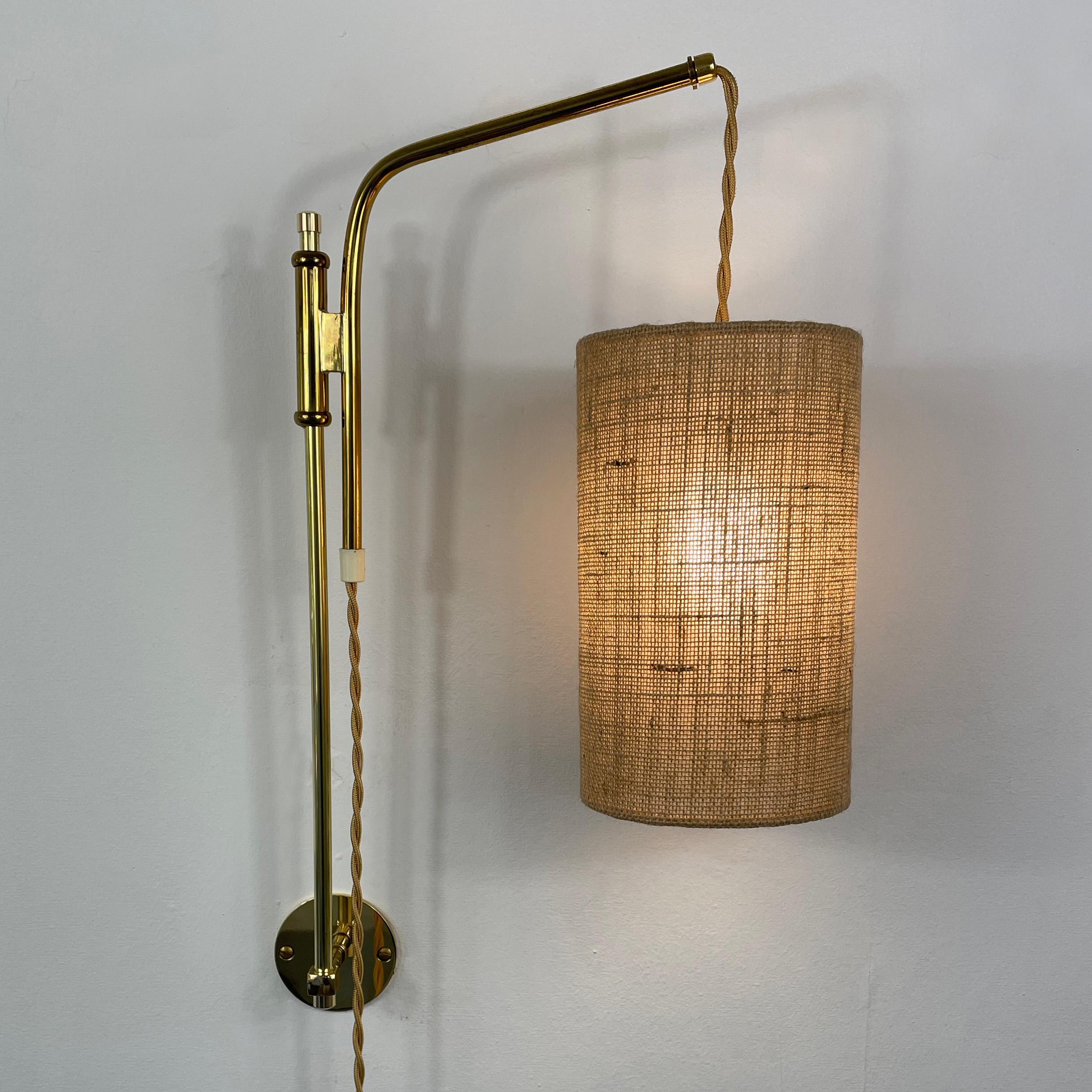 Adjustable and Articulating Brass and Jute Pole Wall Lights, Austria 1950s 1