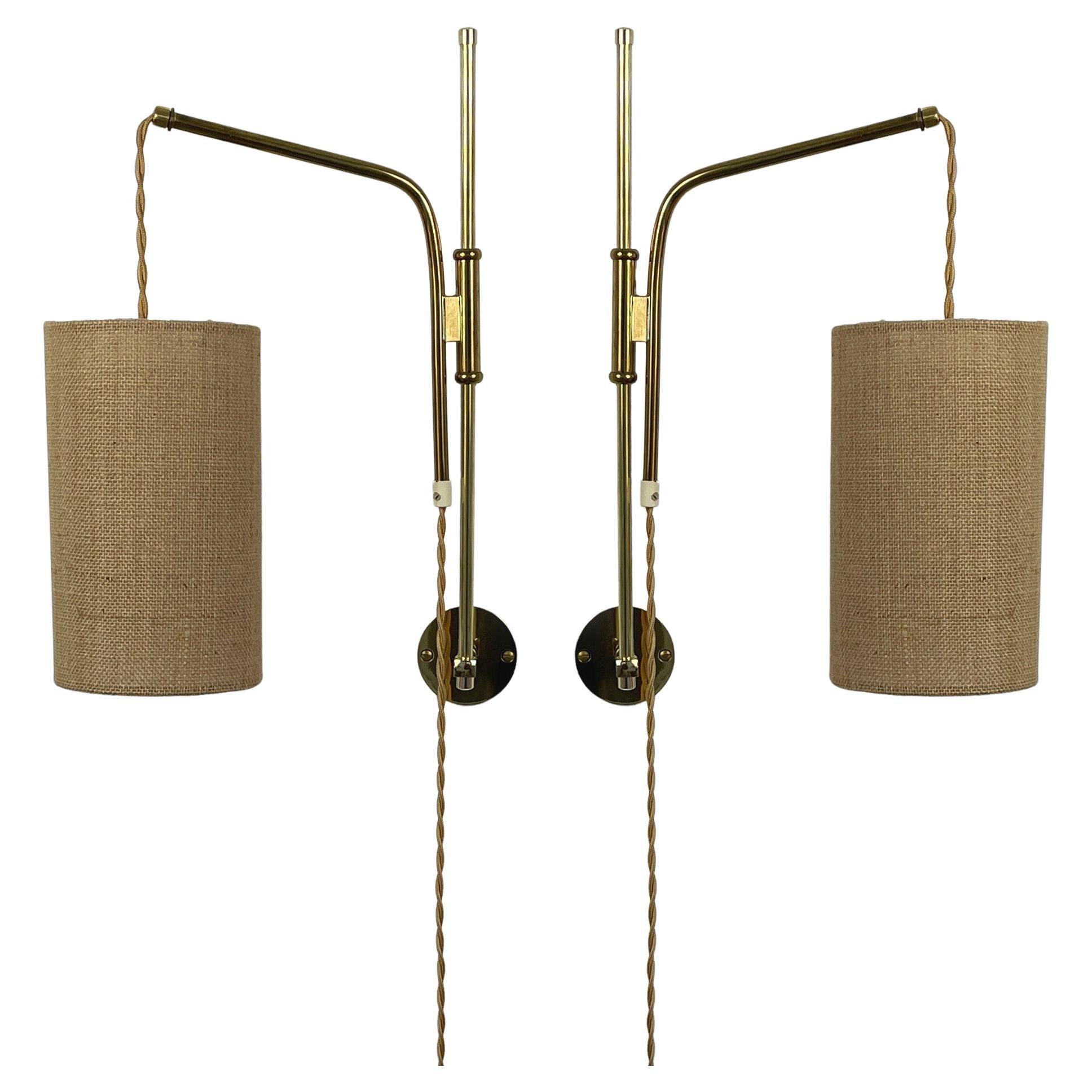 Adjustable and Articulating Brass and Jute Pole Wall Lights, Austria 1950s