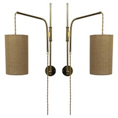 Adjustable and Articulating Brass and Jute Pole Wall Lights, Austria 1950s