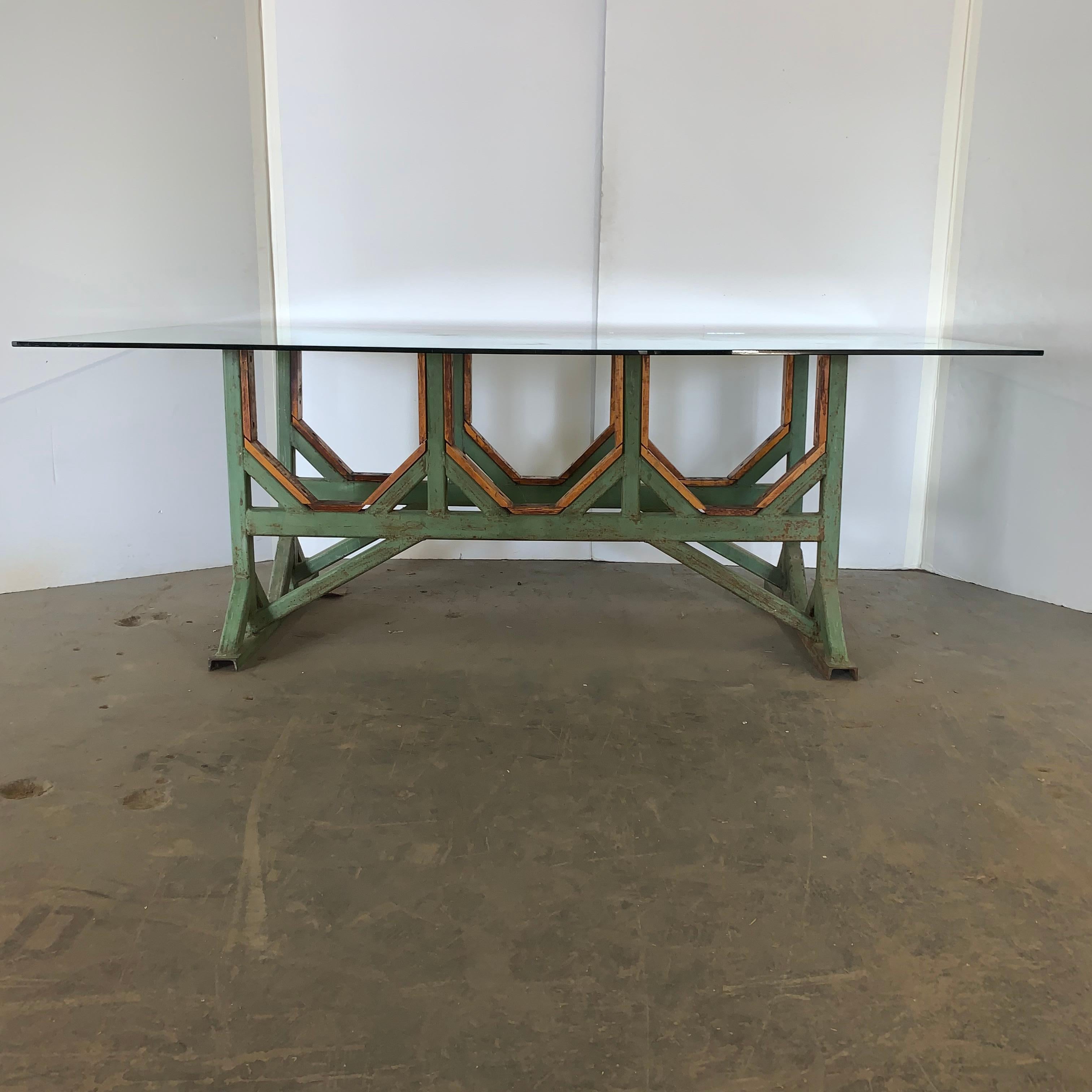Two Customizable Industrial Metal And Wood Dining Room Table Bases For Sale 2