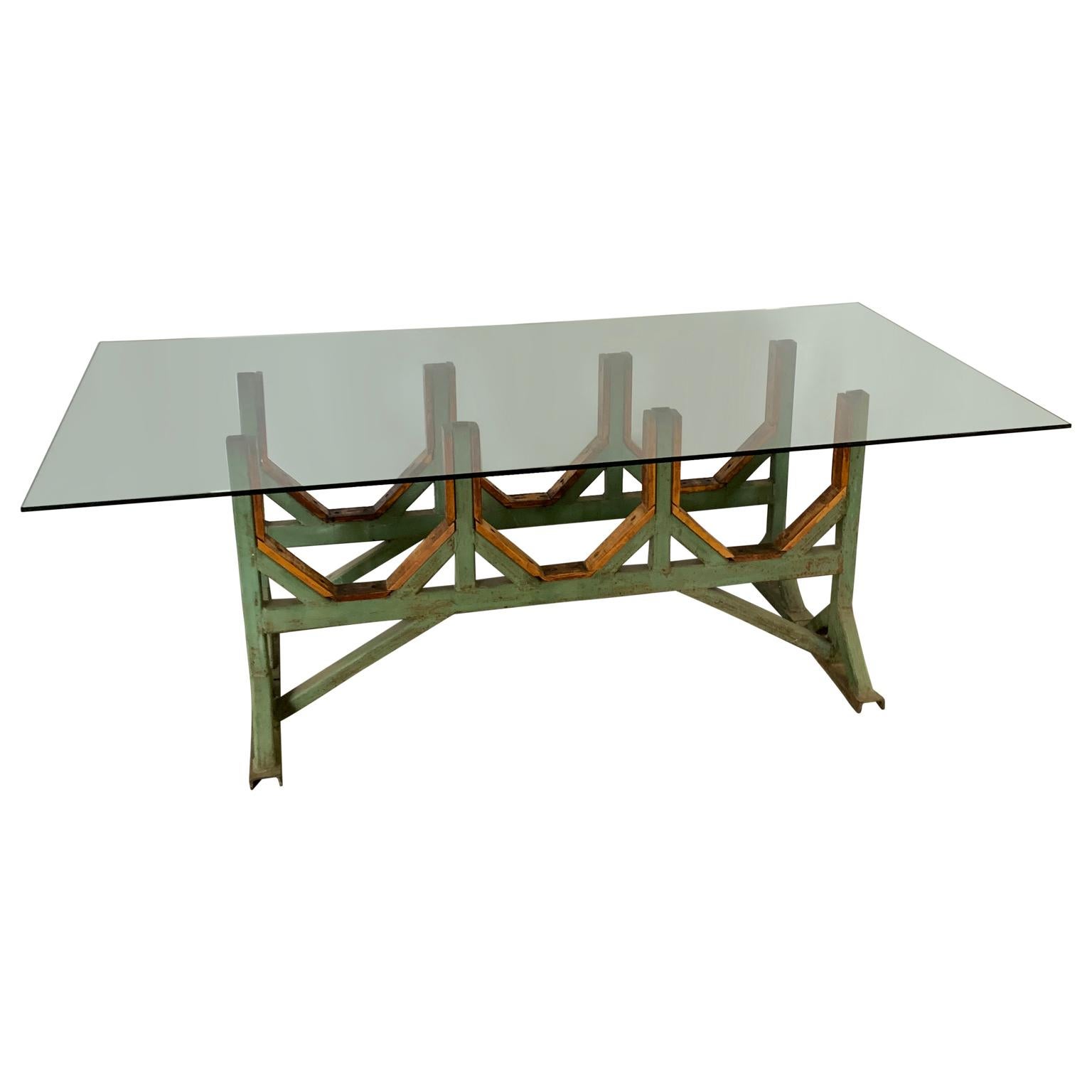 wooden table with metal base