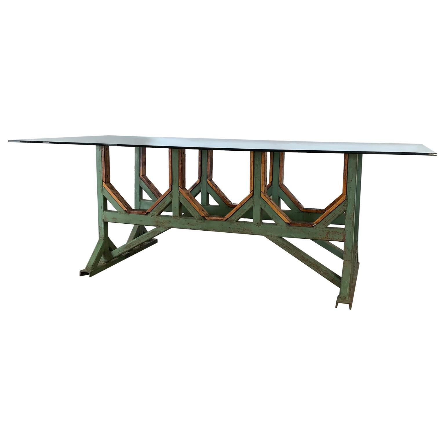 American Two Customizable Industrial Metal And Wood Dining Room Table Bases For Sale