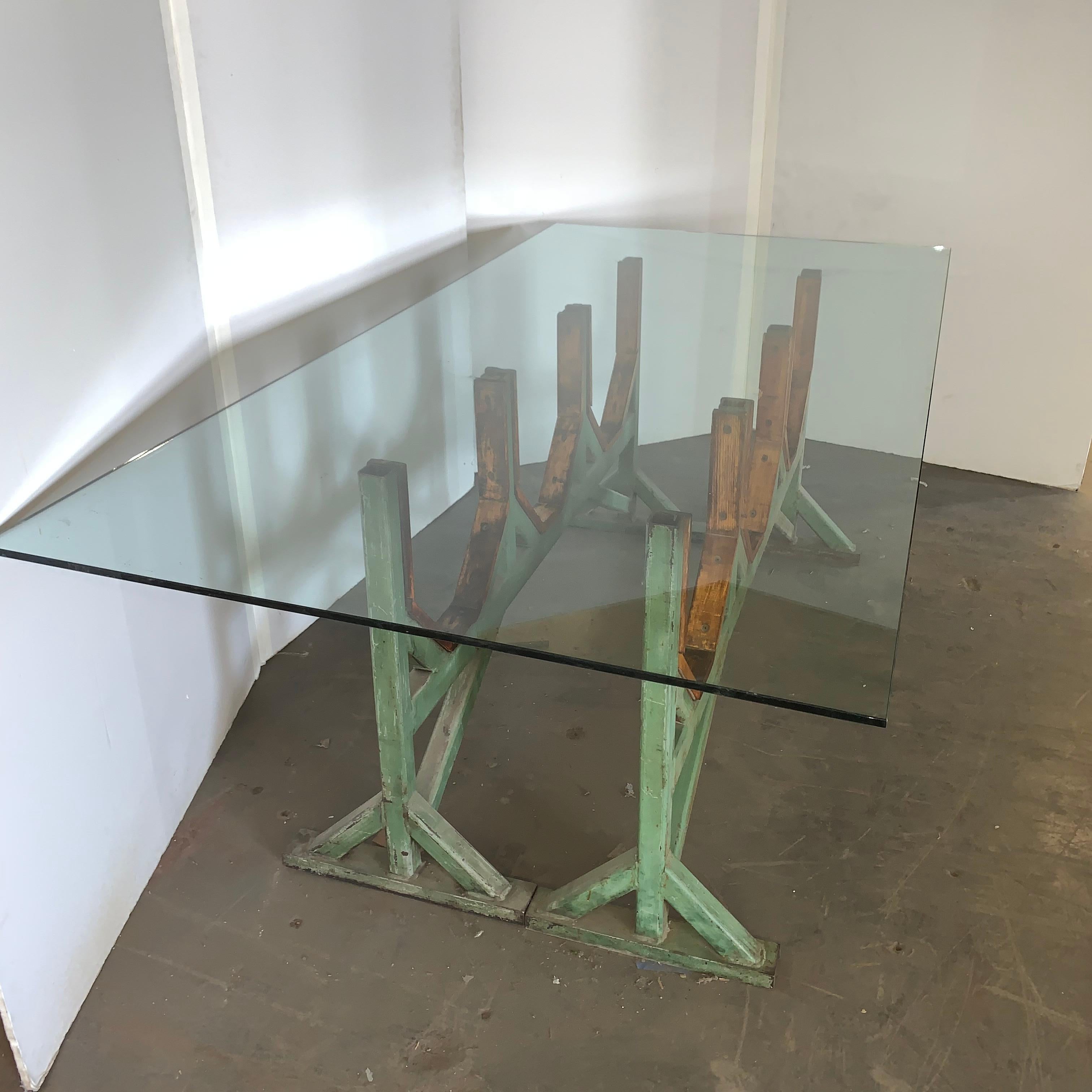 20th Century Two Customizable Industrial Metal And Wood Dining Room Table Bases For Sale