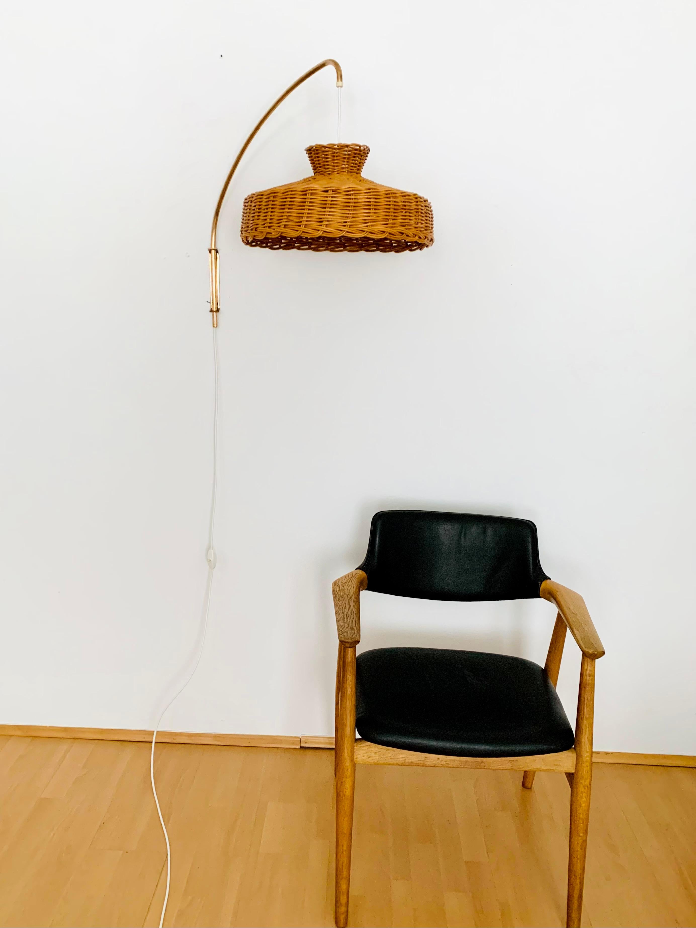 Mid-Century Modern Adjustable arc wall lamp with wicker lampshade