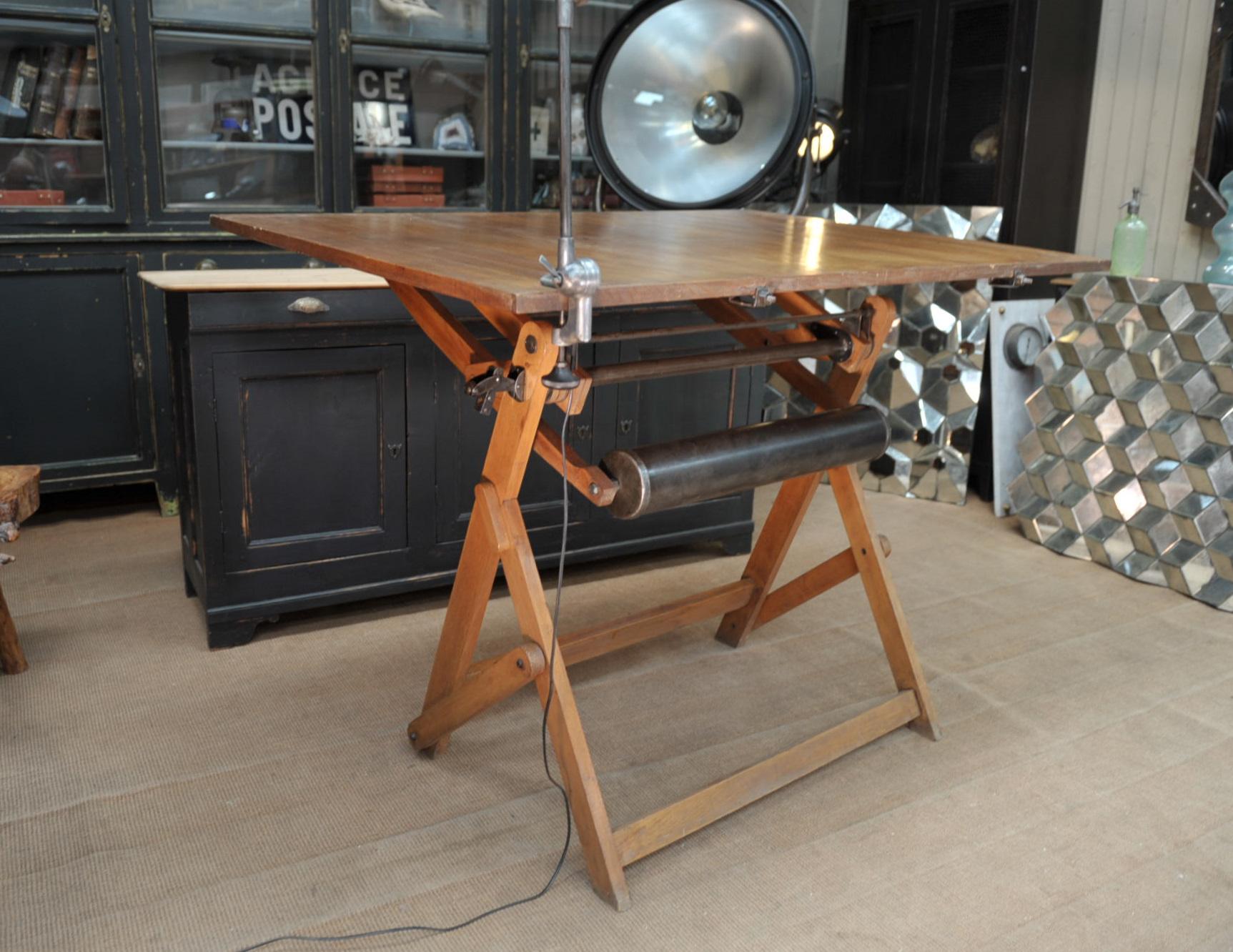Adjustable Architect's Drafting Table or Writing Desk, with Lamp, circa 1920s 7