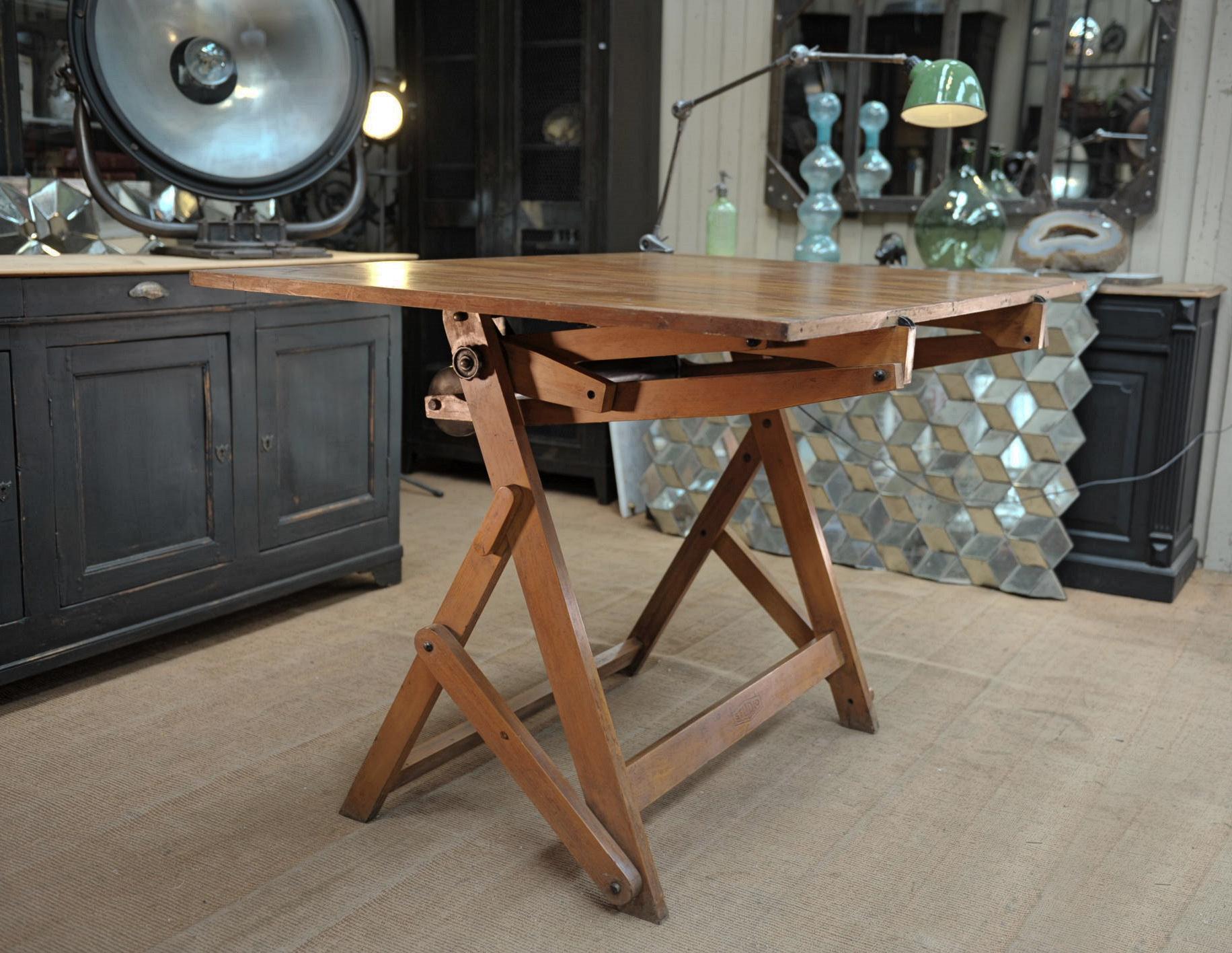 French Adjustable Architect's Drafting Table or Writing Desk, with Lamp, circa 1920s