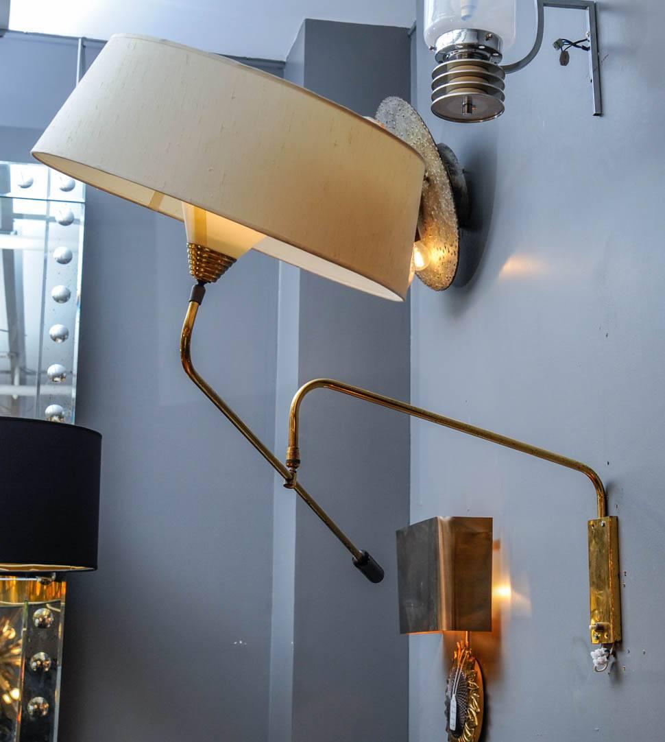 Mid-Century Modern Adjustable Arm Brass Wall Sconces with Shades