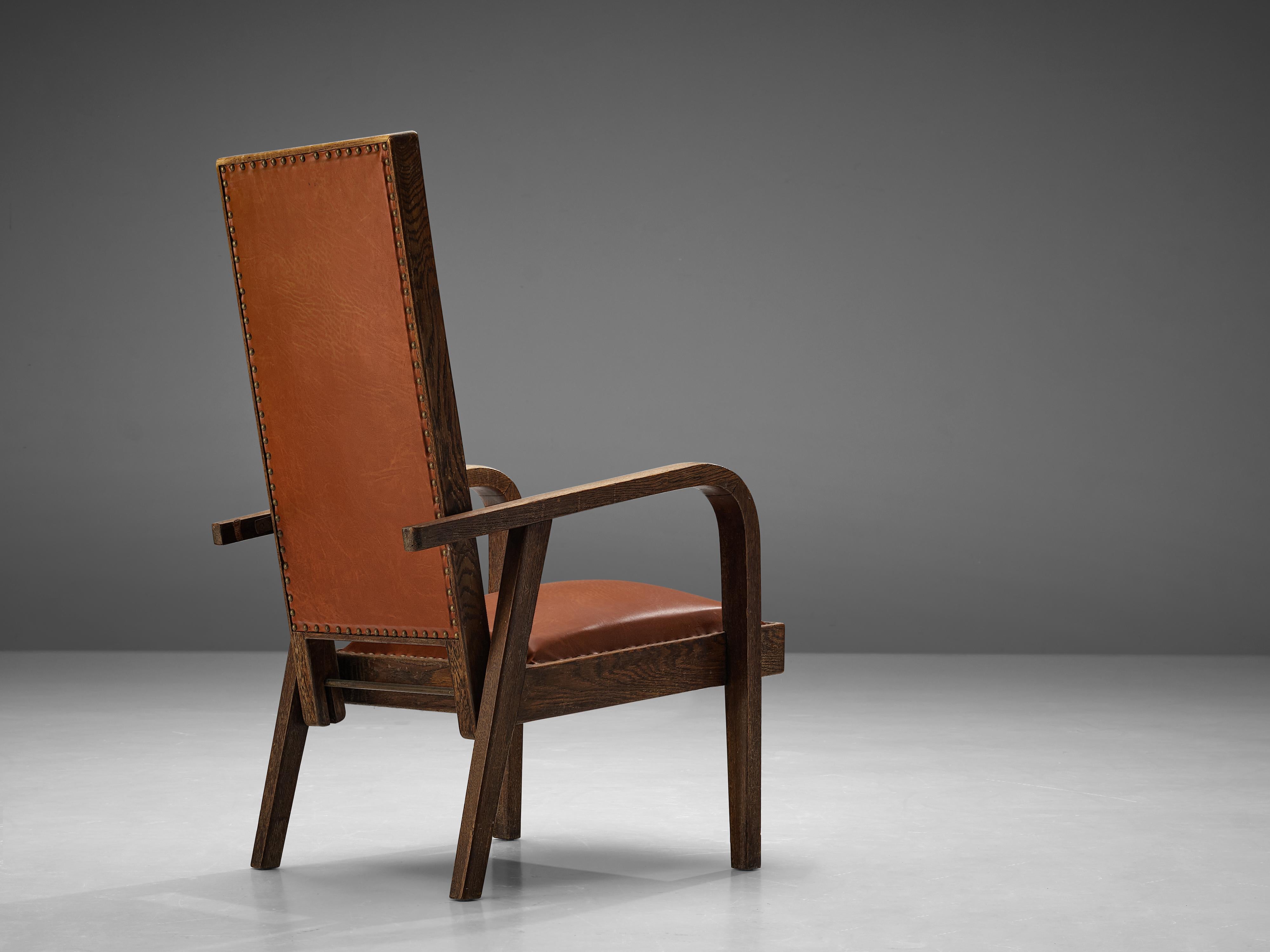 Mid-20th Century Adjustable Armchair in Red Leather and Oak For Sale