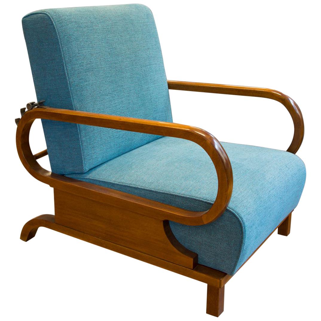 A pair of adjustable Art Deco armchairs, made in Bohemia, 1930s. Solid beech. Completely restored, polished veneer, new fabric. In excellent vintage condition.
 
