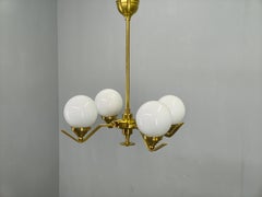 Adjustable Art Deco Brass Chandelier with Milk Glass, 1930s