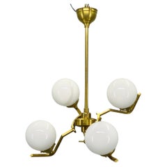 Adjustable Art Deco Brass Chandelier with Milk Glass, 1930s