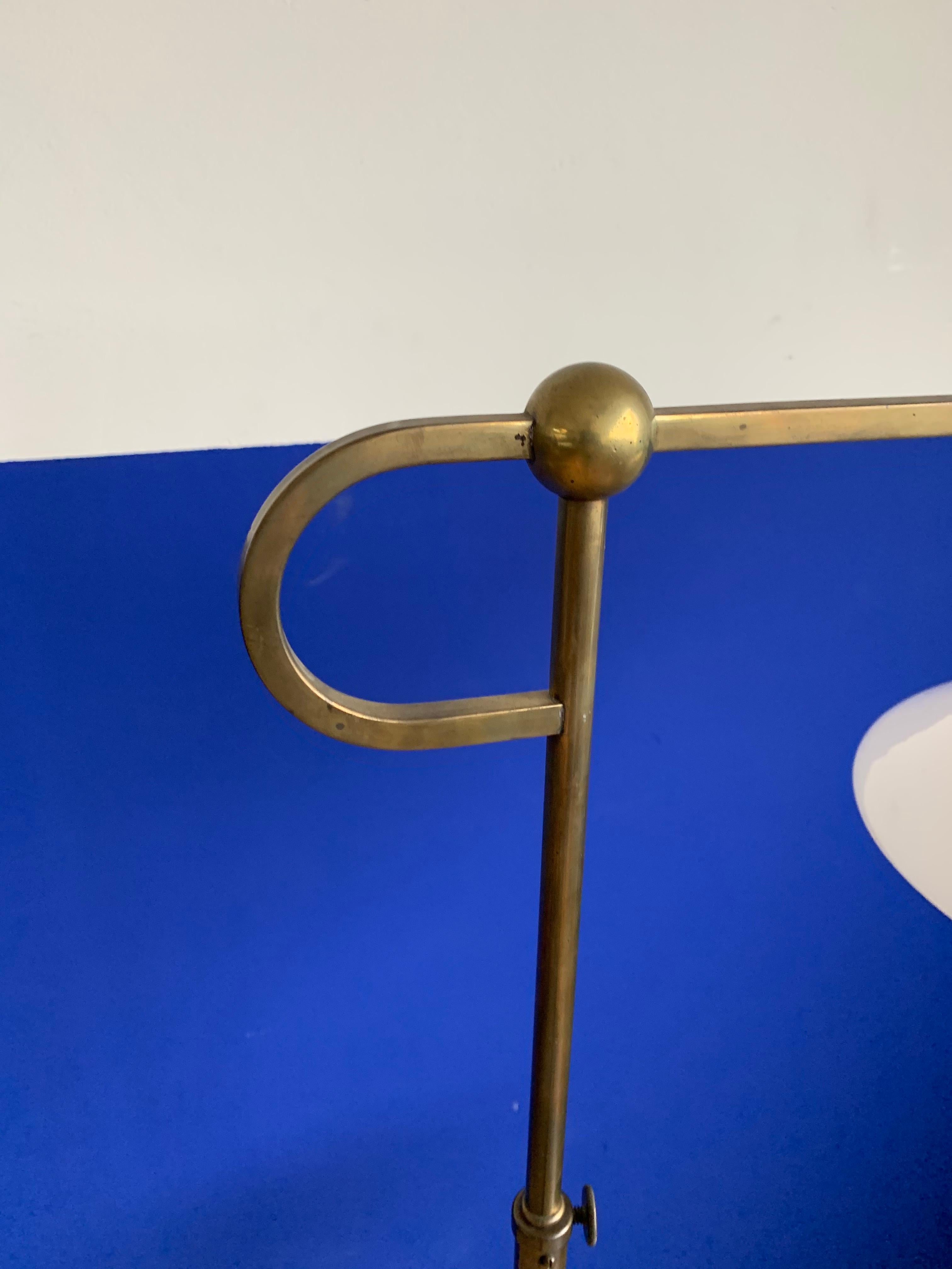 Adjustable Art Deco Brass Floor Lamp w. Opaline Shade and Small Round Table  1