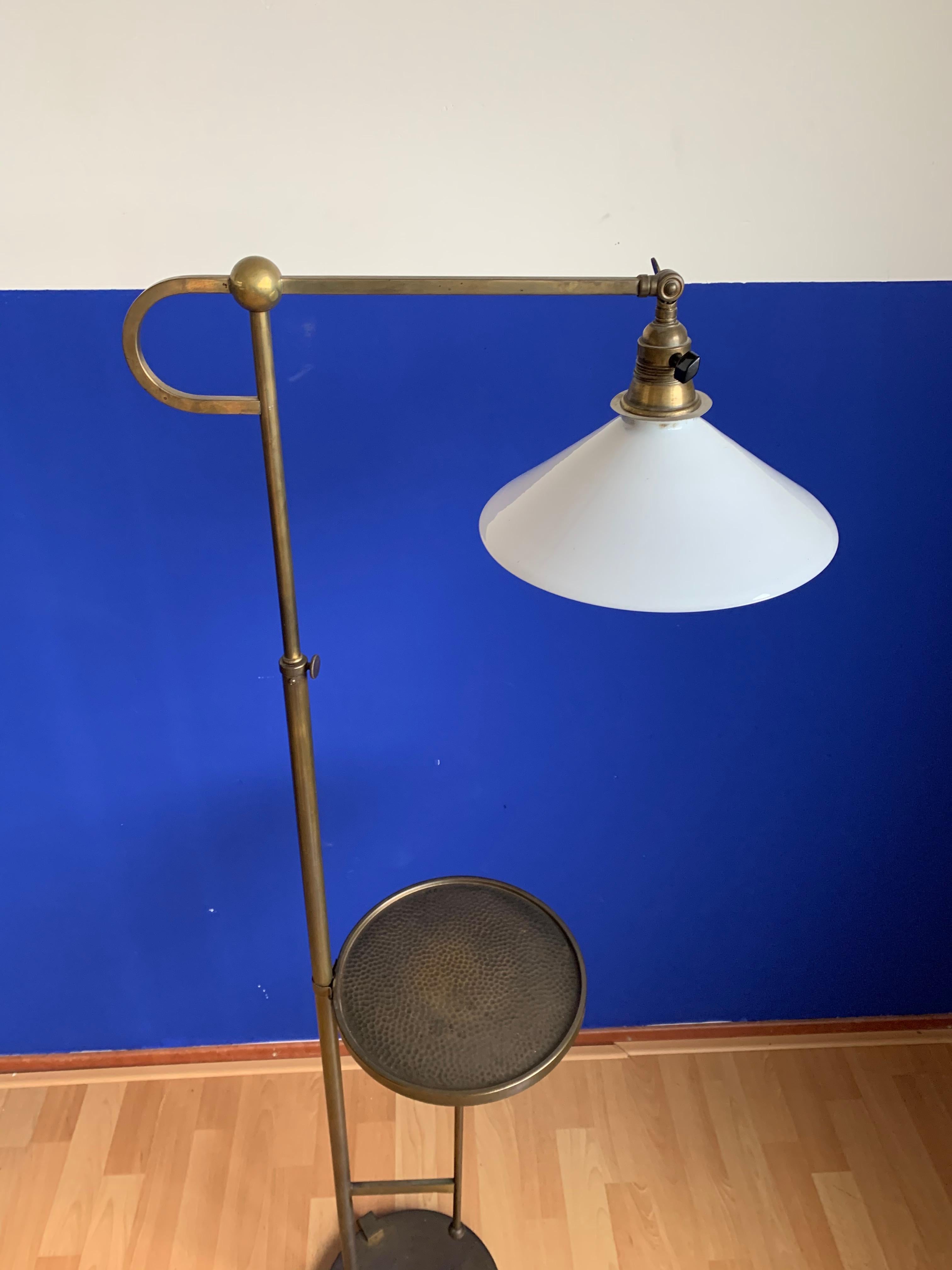 Adjustable Art Deco Brass Floor Lamp w. Opaline Shade and Small Round Table  12
