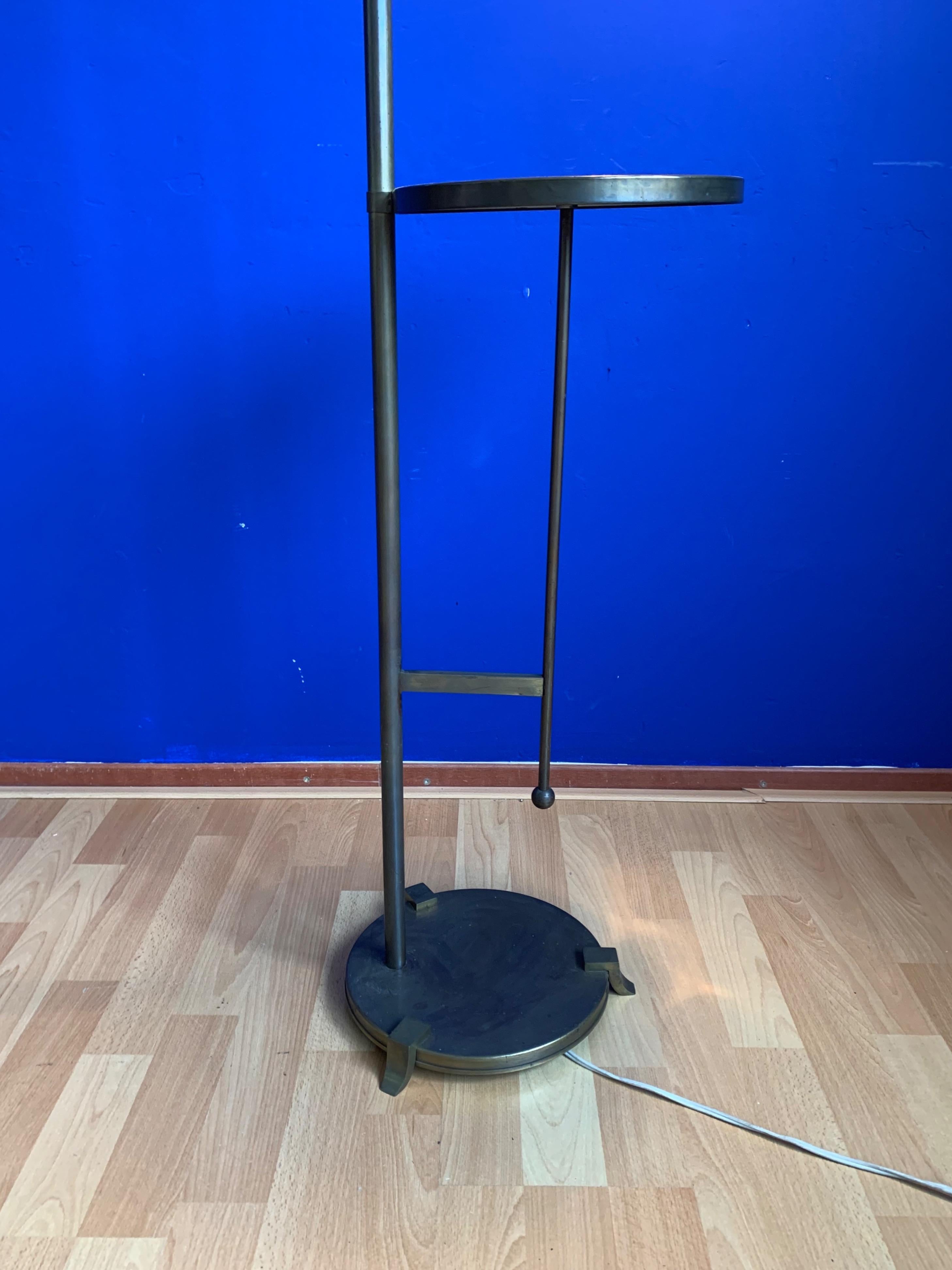 Adjustable Art Deco Brass Floor Lamp w. Opaline Shade and Small Round Table  7