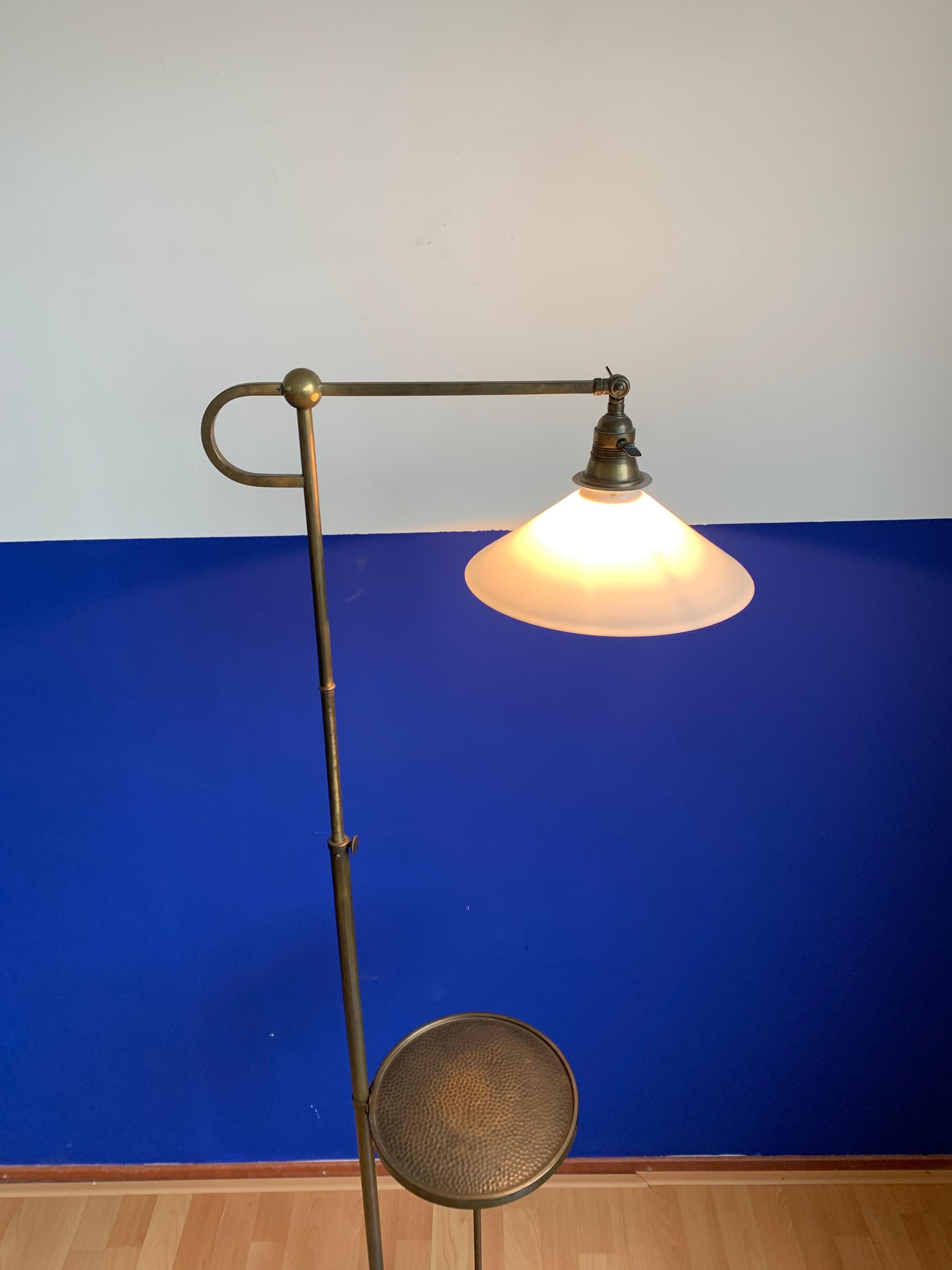 Adjustable Art Deco Brass Floor Lamp w. Opaline Shade and Small Round Table  13