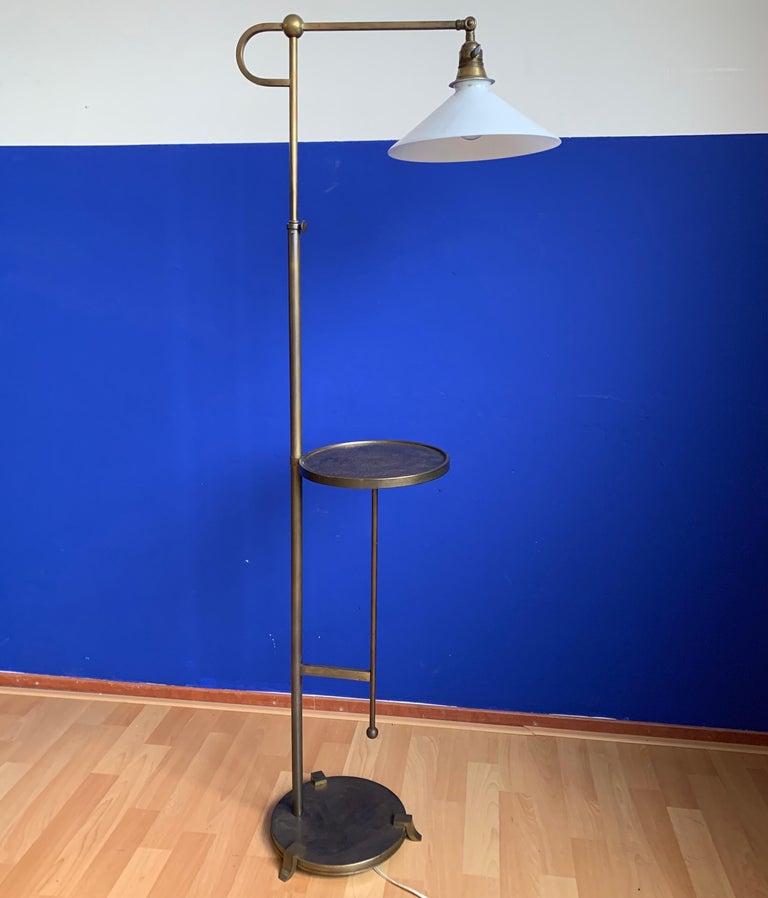 Adjustable Art Deco Brass Floor Lamp w. Opaline Shade and Small Round Table at 1stDibs reading