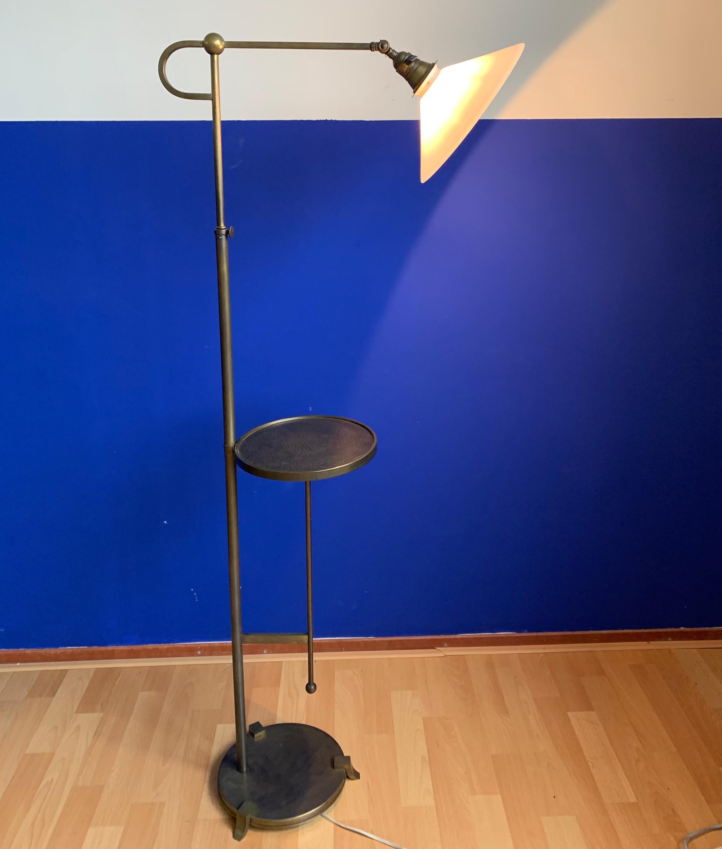 Hand-Crafted Adjustable Art Deco Brass Floor Lamp w. Opaline Shade and Small Round Table 