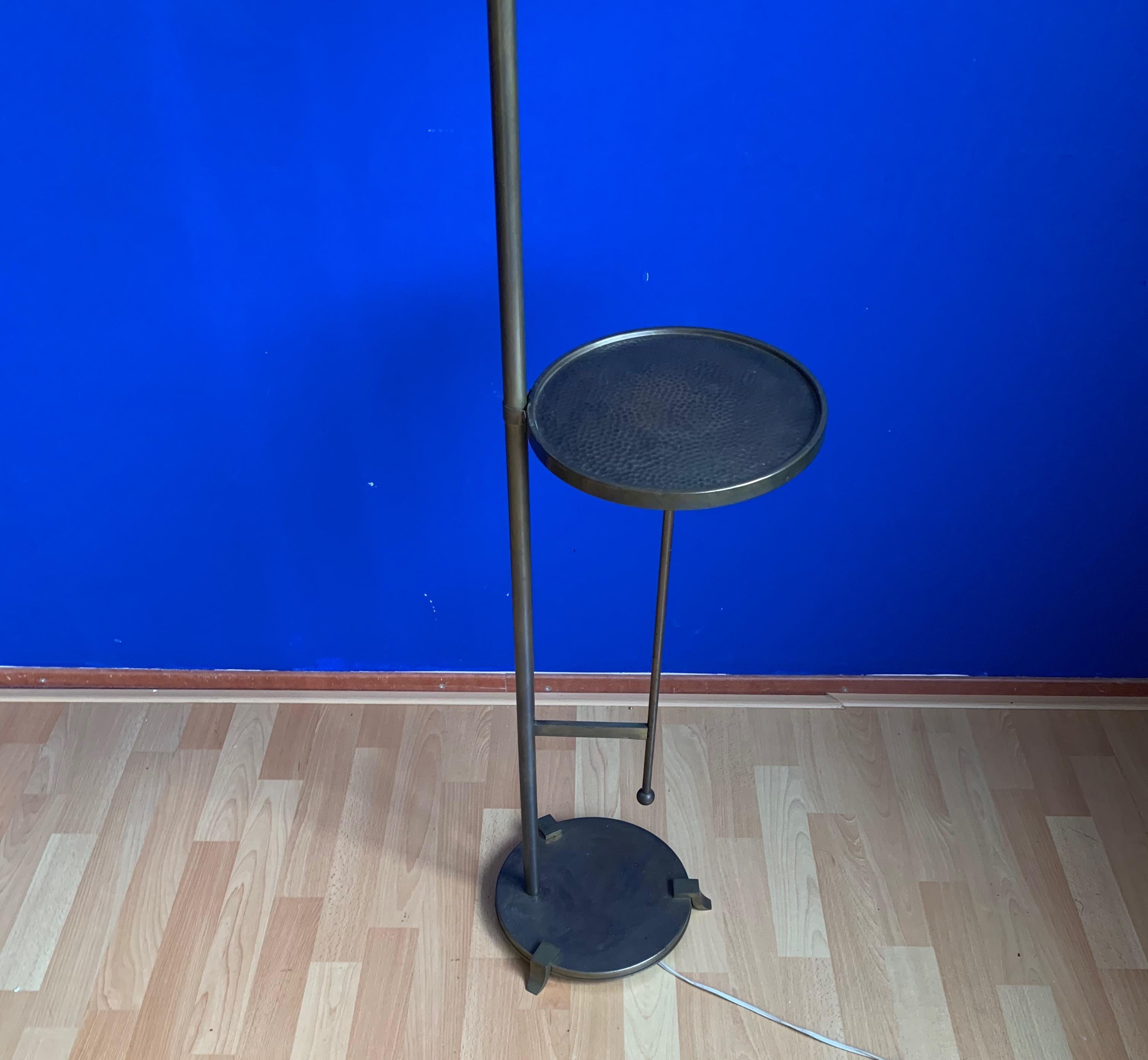 Adjustable Art Deco Brass Floor Lamp w. Opaline Shade and Small Round Table  5