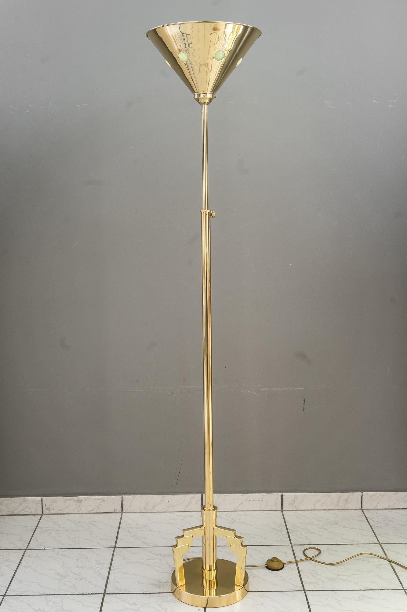 Adjustable Art deco floor lamp with opaline glass on shade Vienna, around 1920s
Polsished and stove enameled.
Opaline glass stones on the shade.