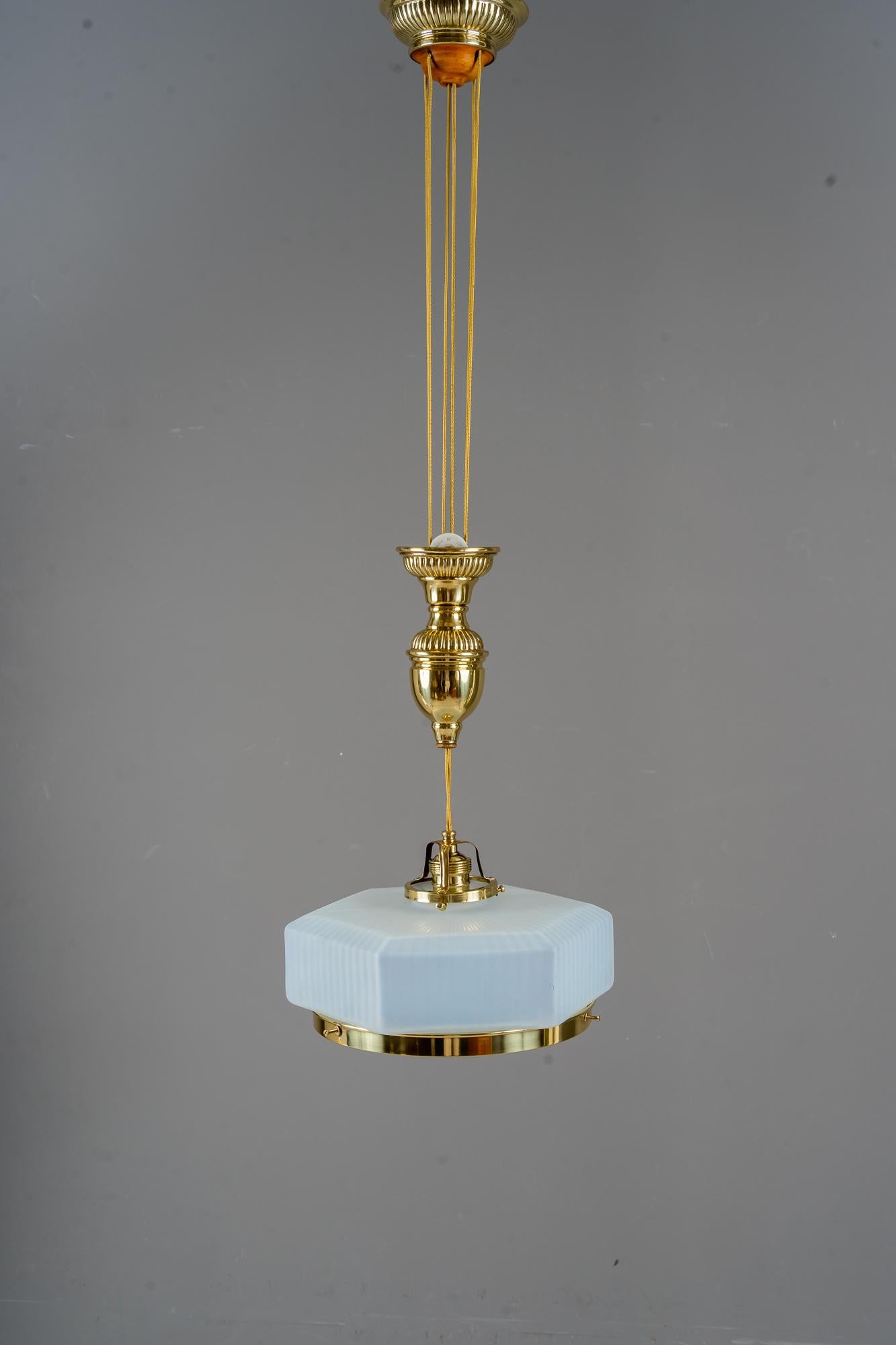 Adjustable art deco pendant vienna around with original opaline glass shade 1920 1