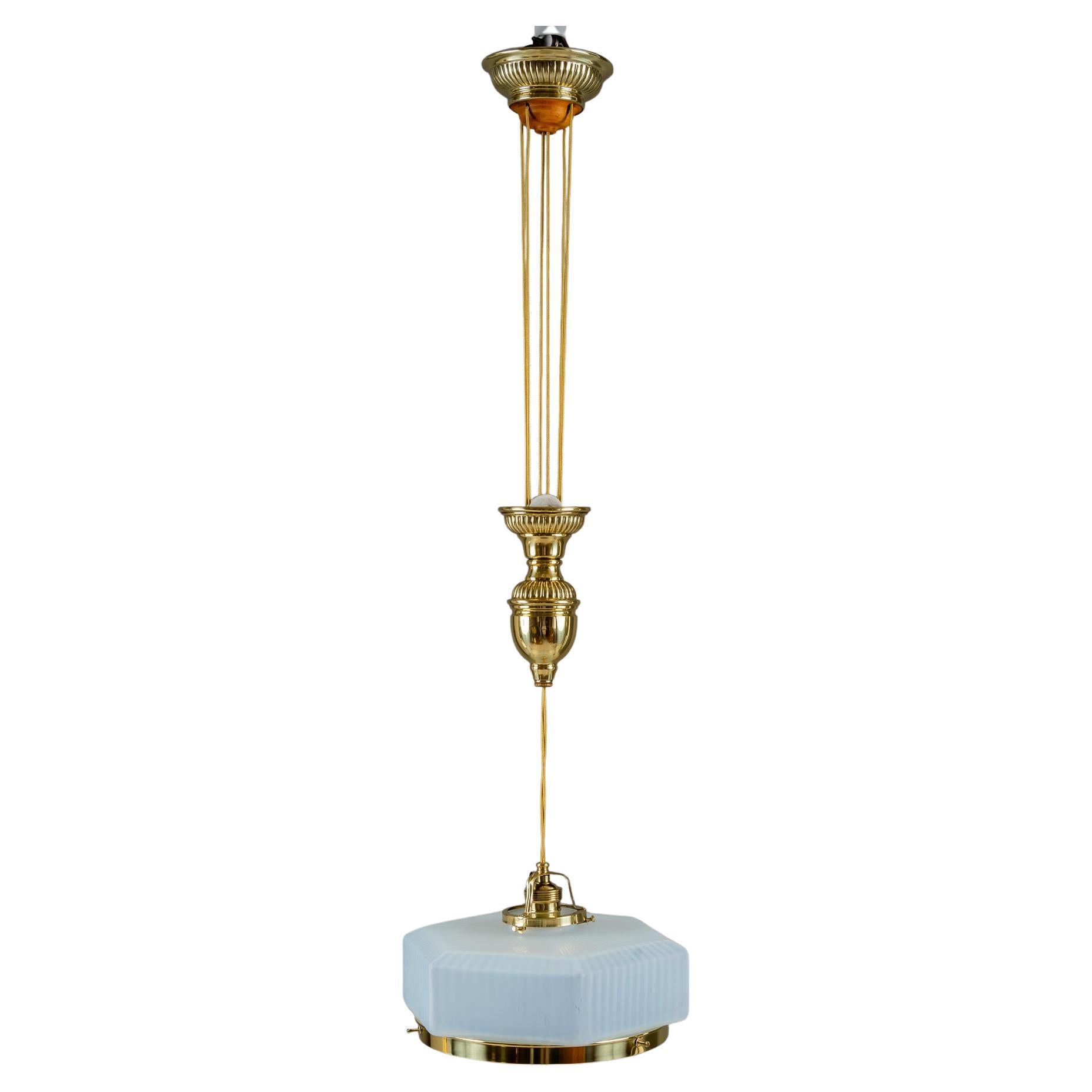 Adjustable art deco pendant vienna around with original opaline glass shade 1920