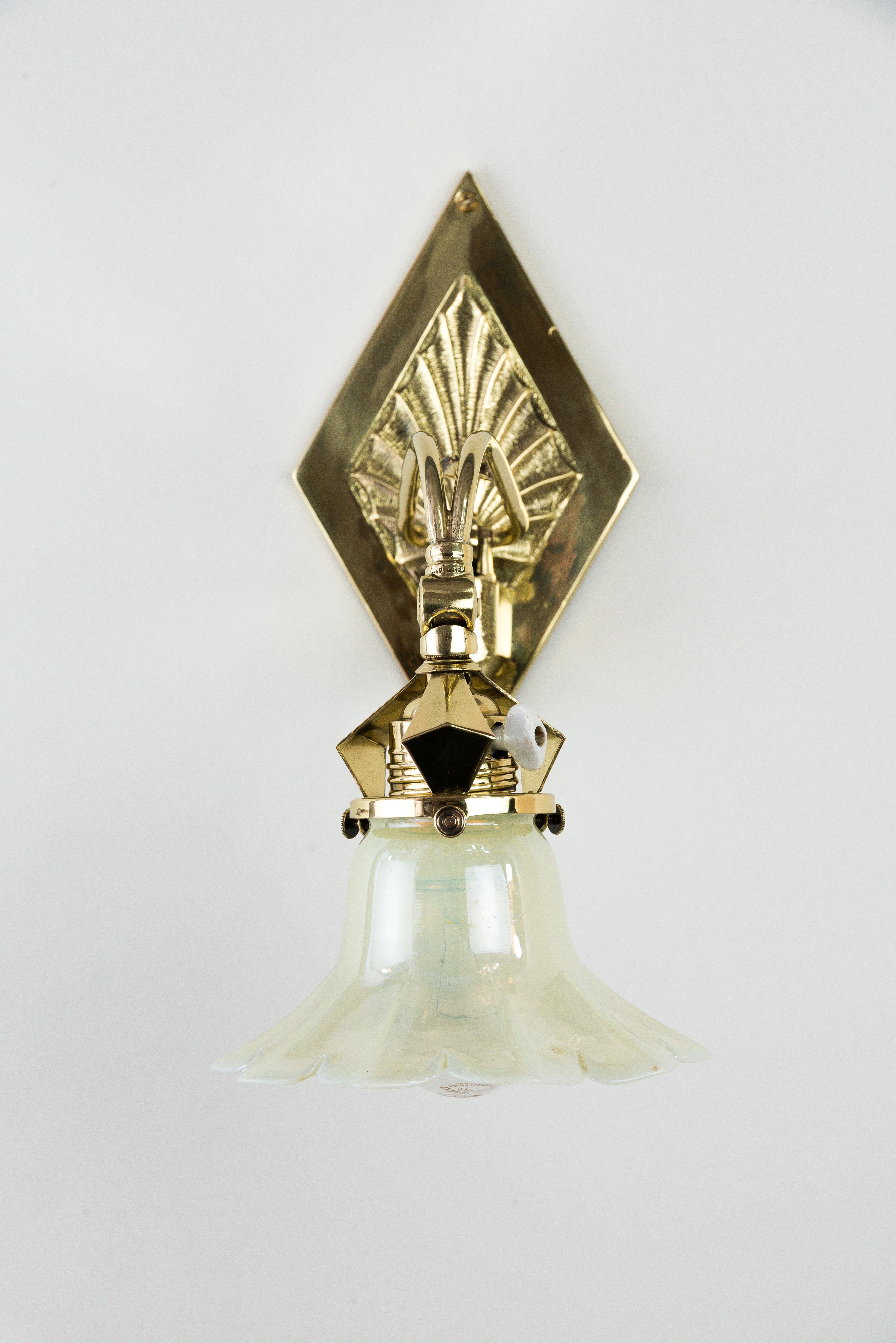 Polished Adjustable Art Deco Wall Lamp circa 1920s with Opaline Glass Shade