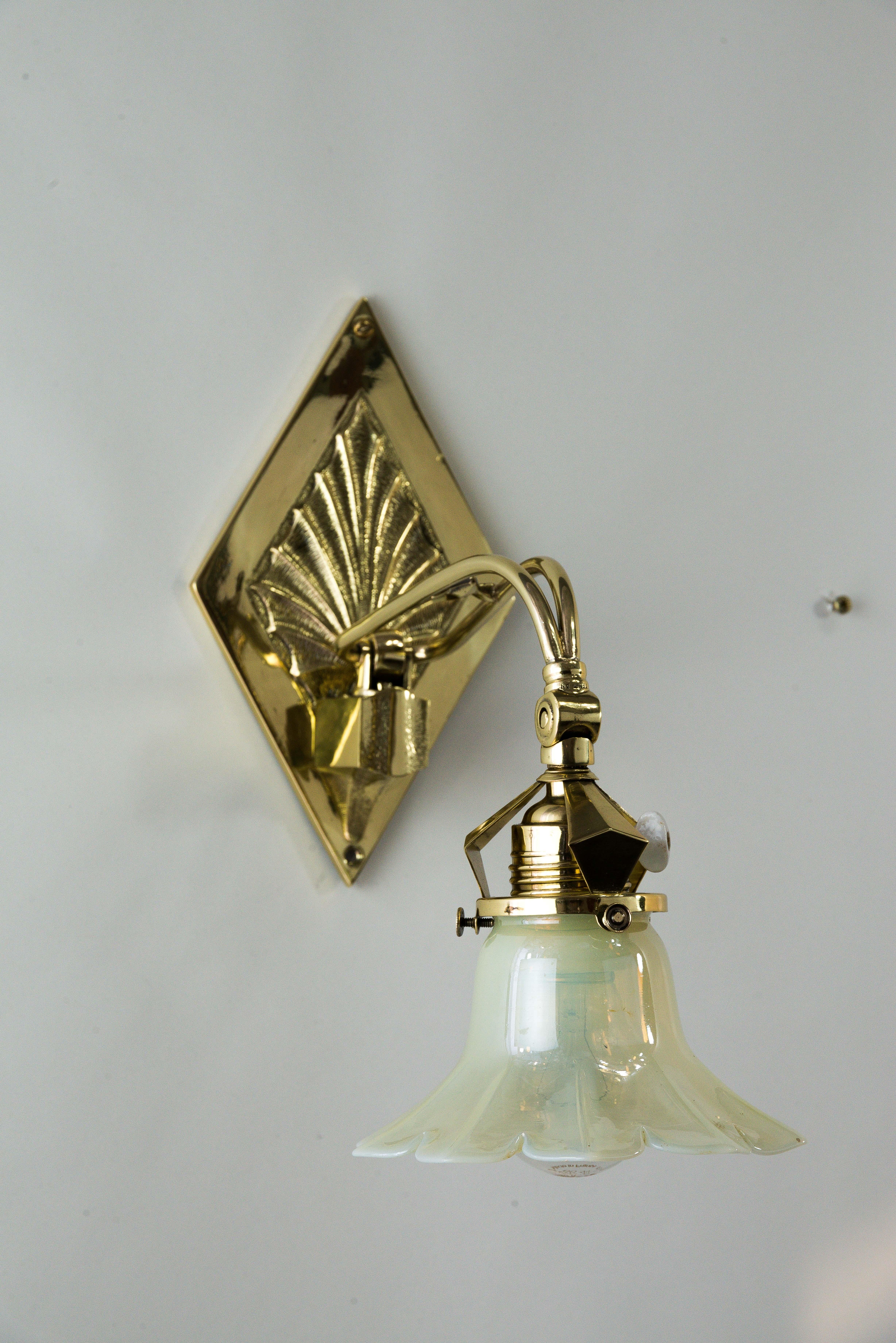 Brass Adjustable Art Deco Wall Lamp circa 1920s with Opaline Glass Shade