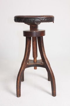 Adjustable Artist Stool in Oak and Patinated Leather, Denmark, 1930s