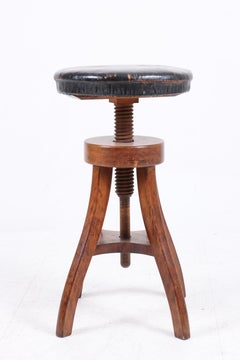 Adjustable Artist Stool in Oak and Patinated Leather, Denmark, 1930s