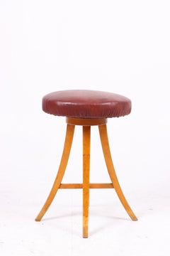 Adjustable Artist Stool in Oak and Patinated Leather, Denmark, 1930s