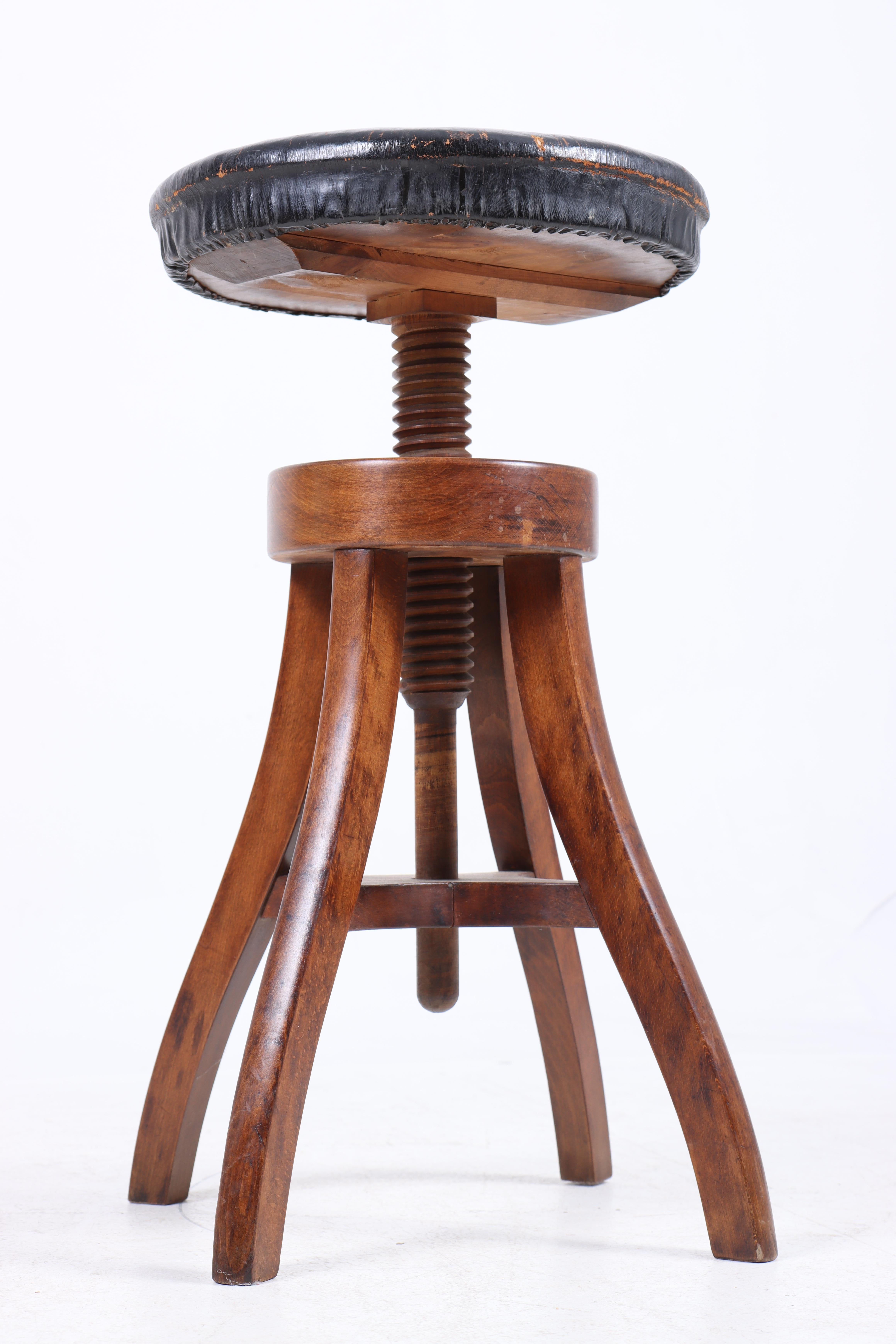 Mid-20th Century Adjustable Artist Stool in Oak and Patinated Leather, Denmark, 1930s
